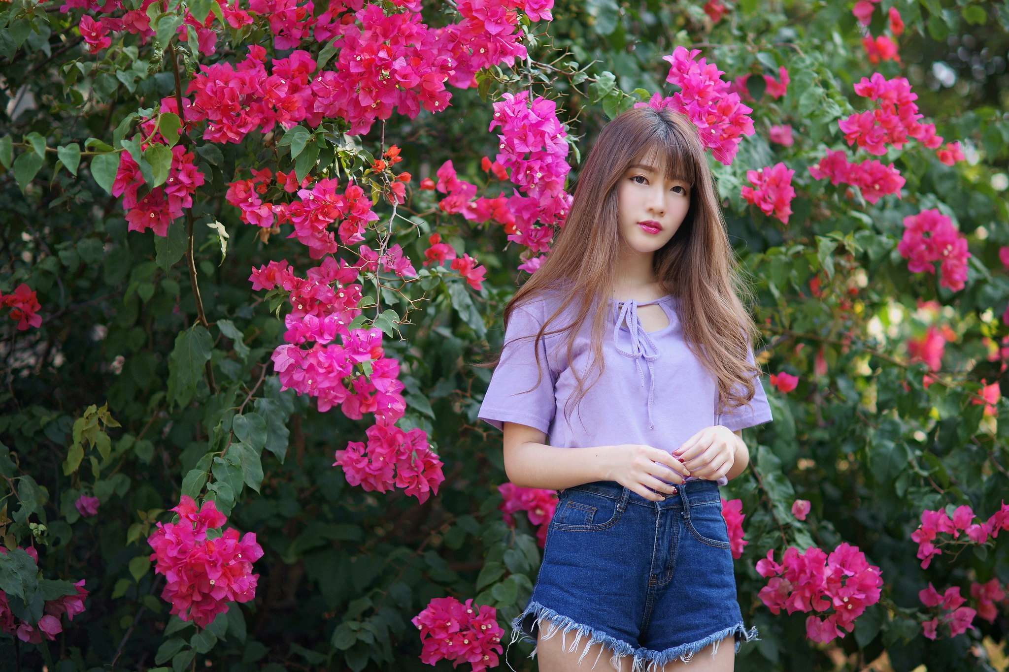Model Brunette Pink Flower Shorts 2048x1365
