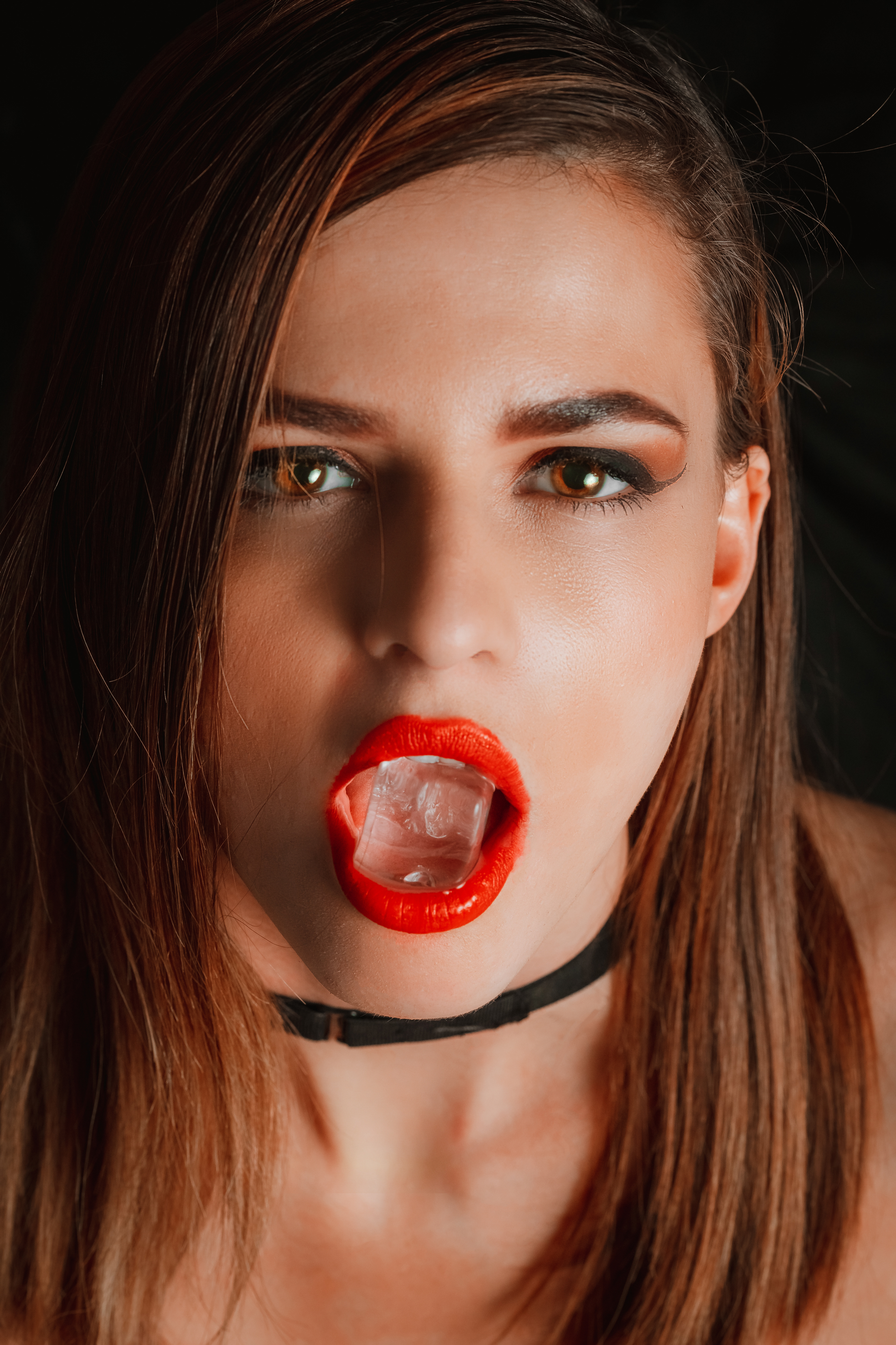 Women Red Lipstick Ice Cubes Brown Eyes Choker Looking At Viewer Model Portrait 3840x5760
