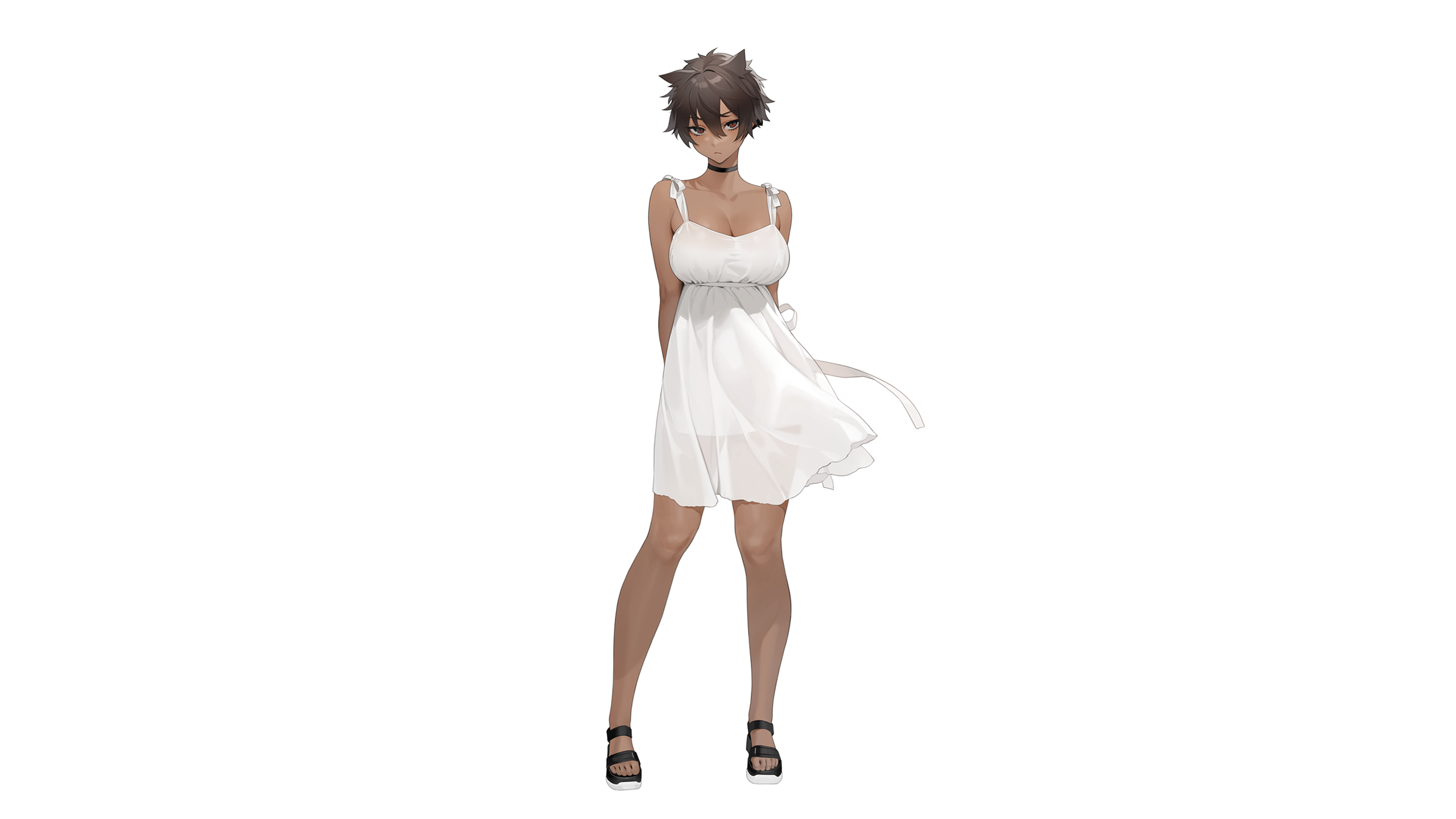 Anime Anime Girls Simple Background Dark Skin White Dress Sun Dress Ohisashiburi Artwork Dress Short 2560x1440