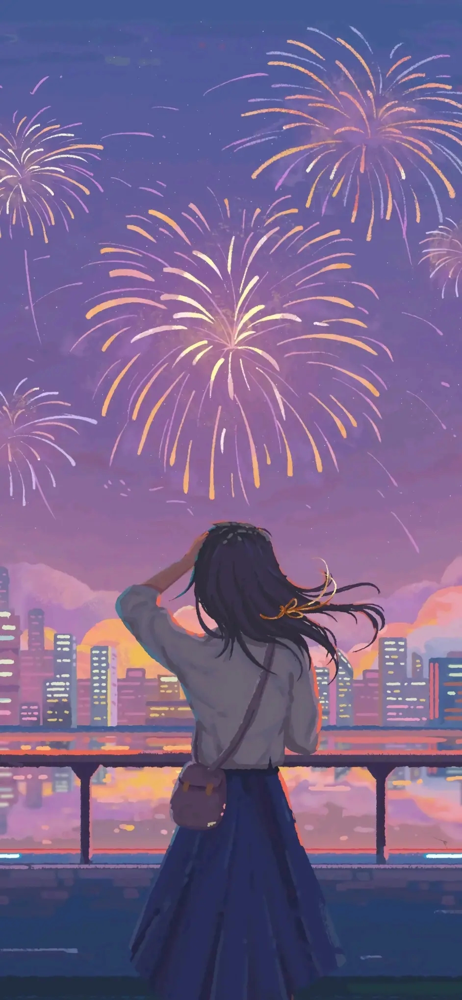 Anime Anime Girls Fireworks Cityscape 942x2038