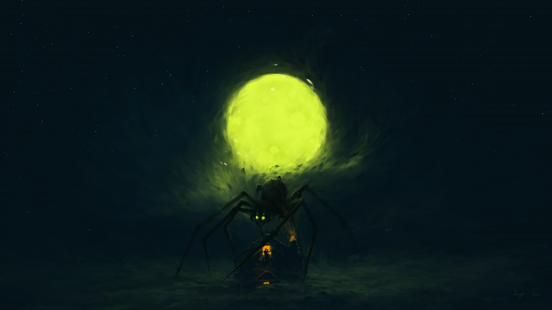 Digital Painting Night Moon Horror Arachnid BisBiswas Spider Full Moon 1920x1080