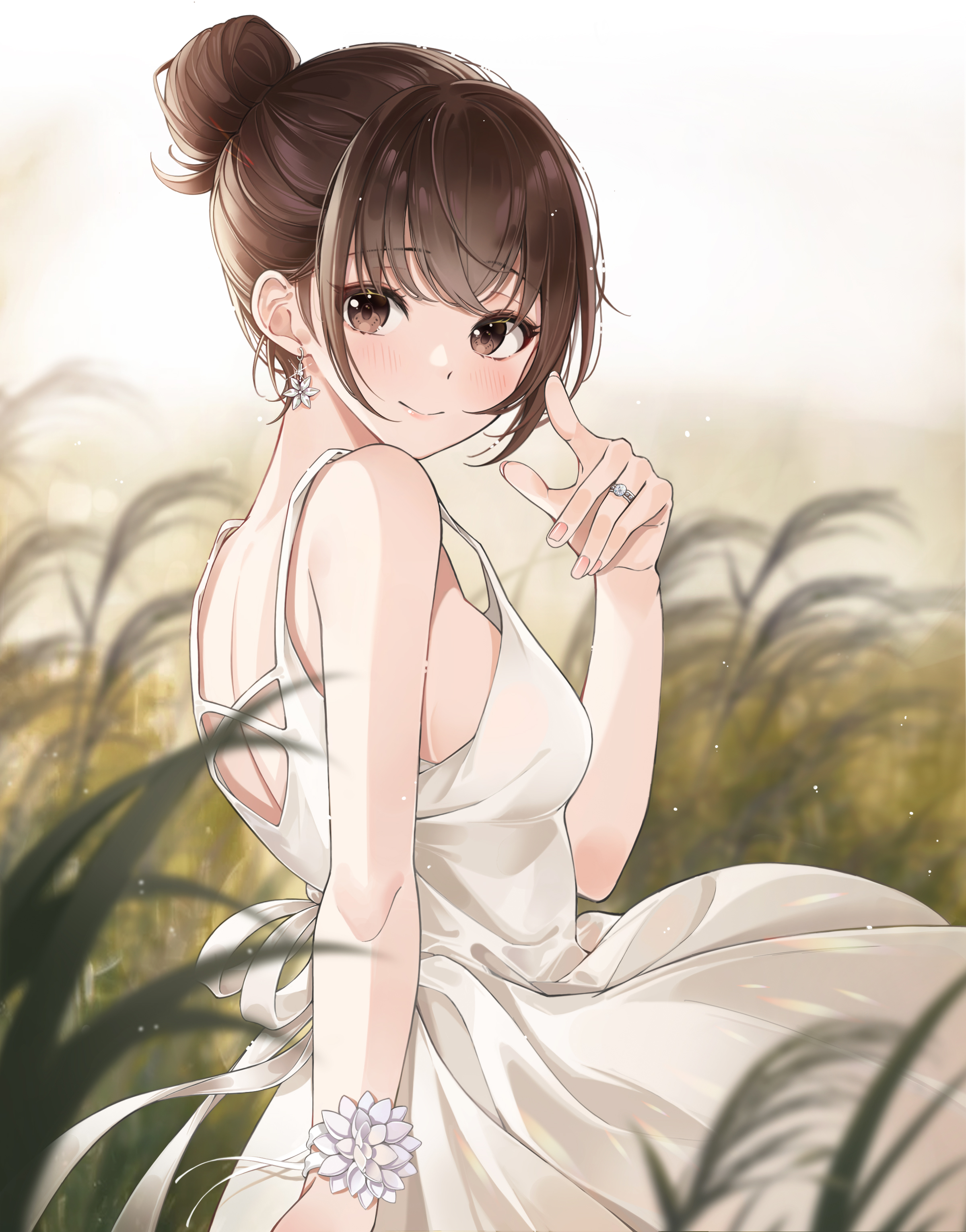 Anime Anime Girls Digital Digital Art 2D Artwork Nam Sj Brown Eyes Brunette Blush Smiling Dress Sun  2401x3061
