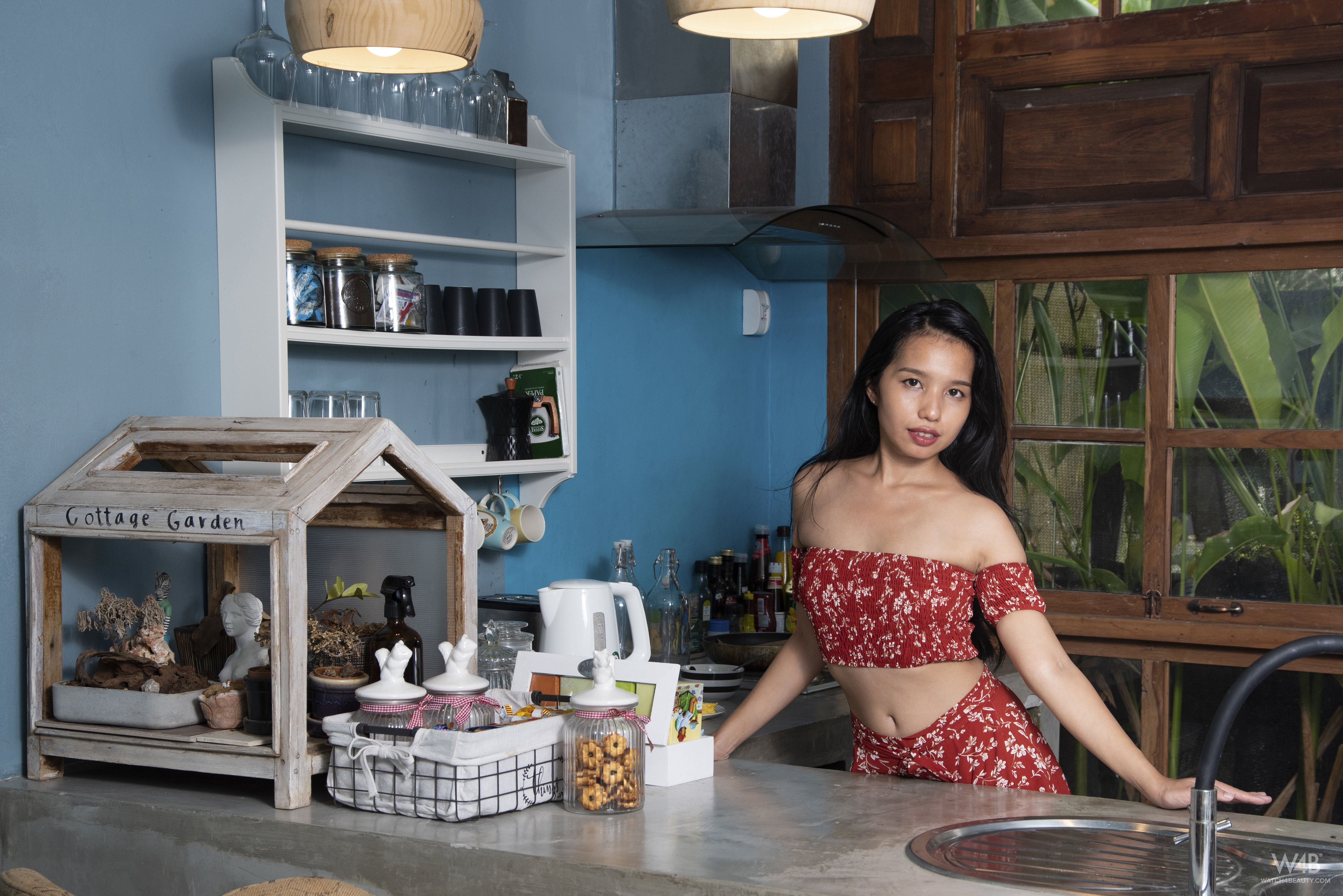 Asian Women Model Long Hair Dark Hair Short Tops Skirt Bare Shoulders Kitchen Shelves Jars Baskets S 6000x4005