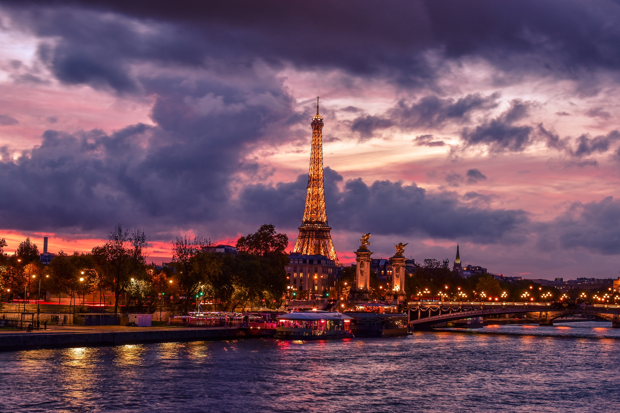 France Paris Cloud Monument Night River 2560x1706