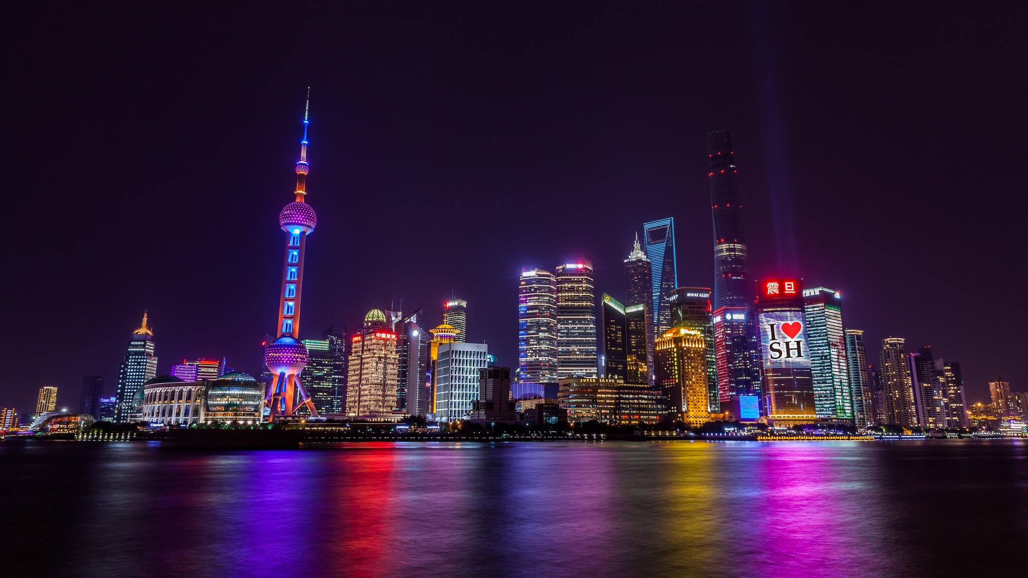 Building China City Light Night Oriental Pearl Tower Skyscraper 2048x1152