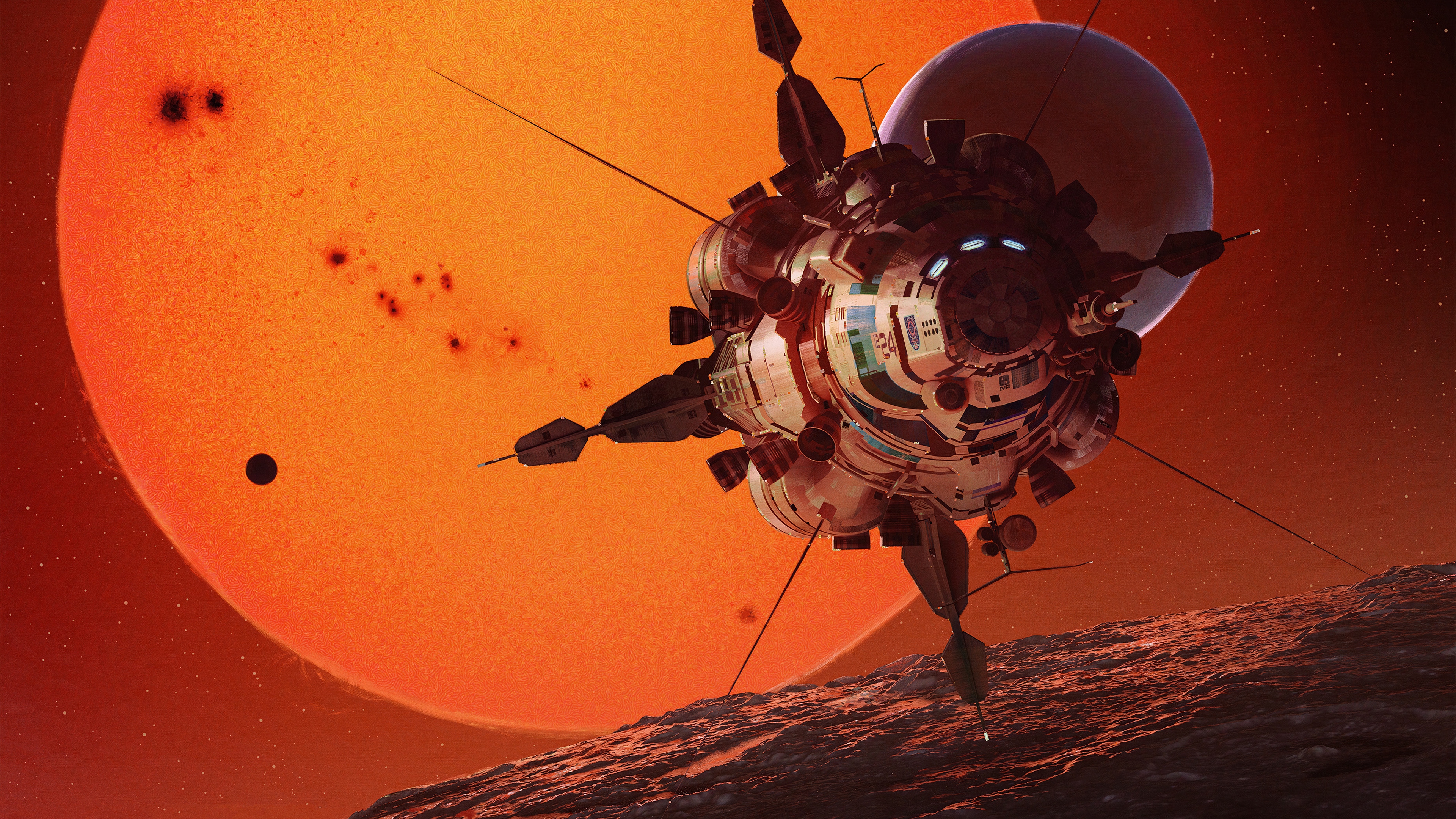Maciej Rebisz Planet Satellite Red Sun Digital Art Space Art Futurism Spaceship 3840x2160