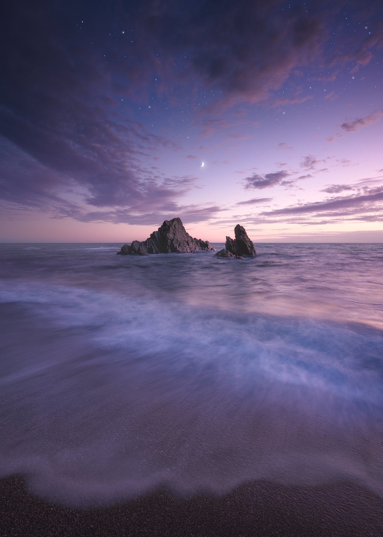 Nature Landscape Sea Waves Beach Sand Moon Sunset Rocks Portrait Display Clouds Stars 1518x2126
