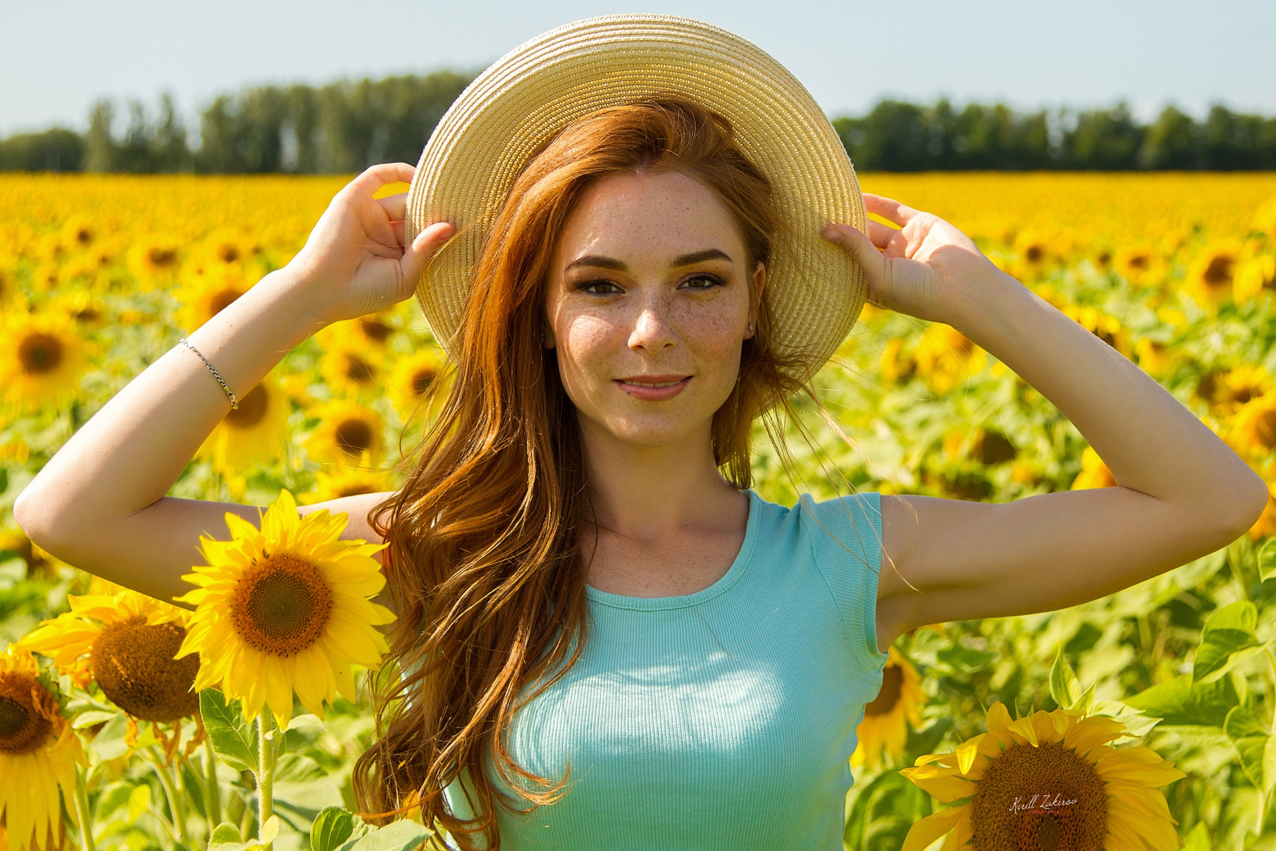 Woman Girl Smile Summer Depth Of Field Hat Redhead Long Hair Freckles Sunflower Yellow Flower 2560x1707