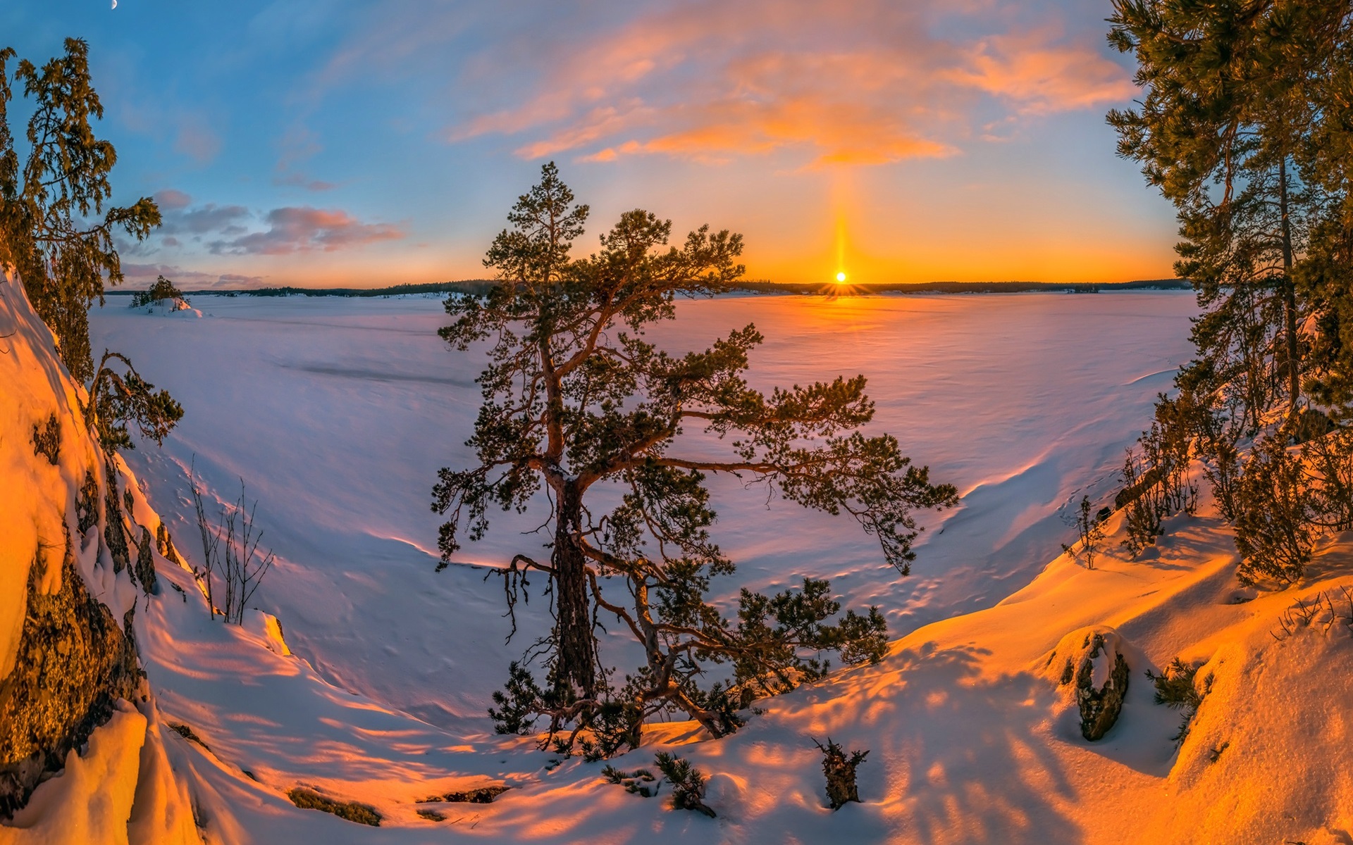 Sunset Tree Lake Snow Sun 1920x1200