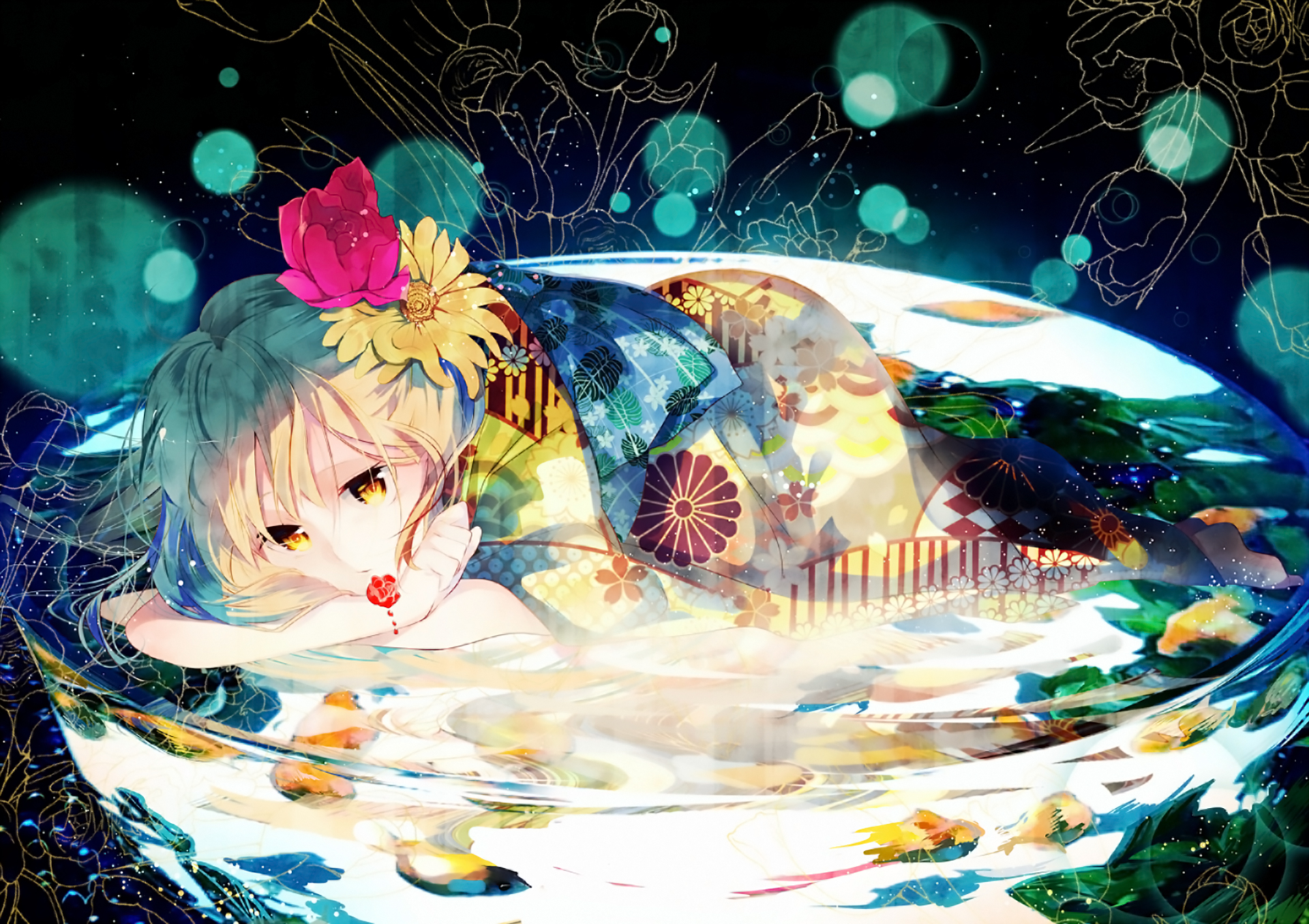 Reflection Water Flower Blonde Japanese Clothes 1920x1356
