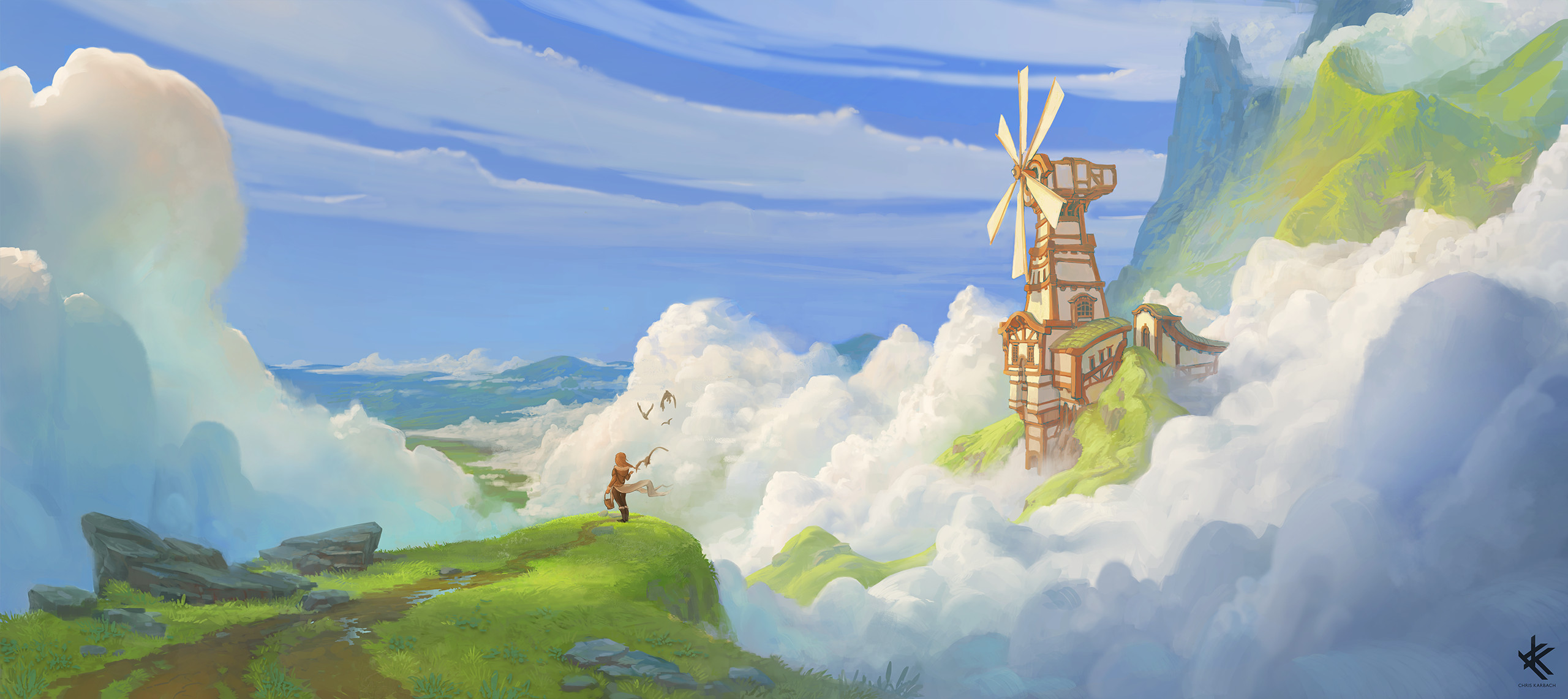 Chris Karbach Digital Art Fantasy Art Clouds Windmill Birds Landscape 2560x1141