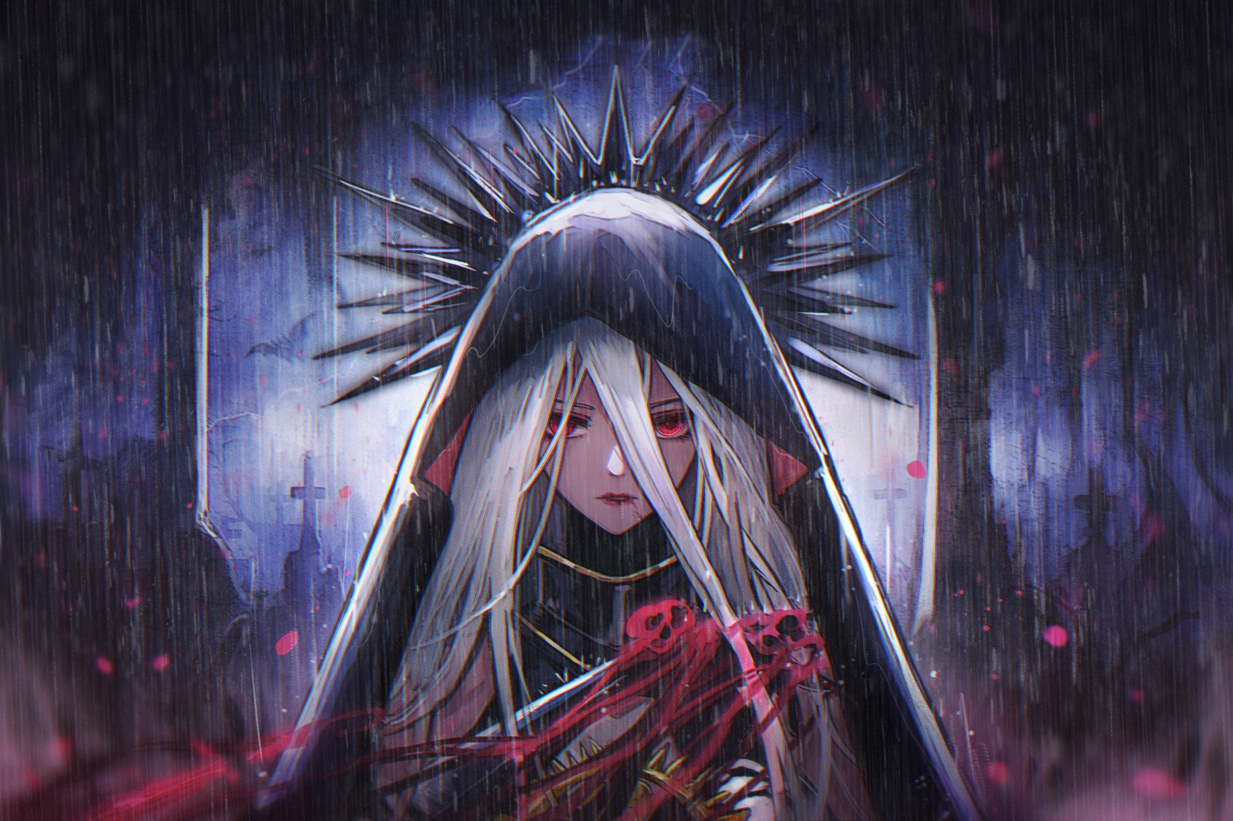 Anime Anime Girls Dungeon And Fighter Dark Templar Red Eyes Trees Rain Blonde Long Hair Cemetery Spi 1772x1181