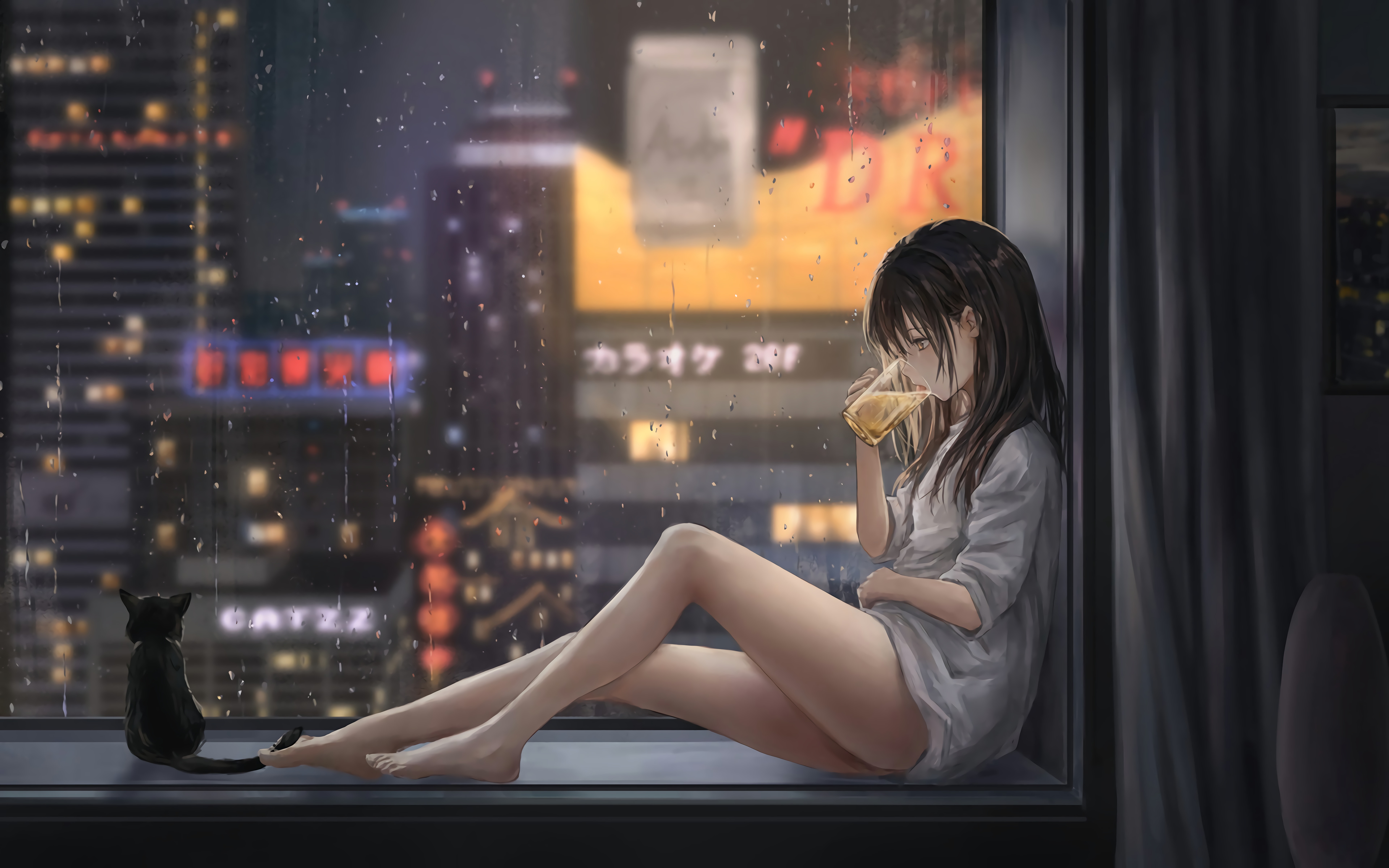 Window Sill Building Drink Rain Barefoot Cats Anime Girls Artwork Catzz 7680x4800