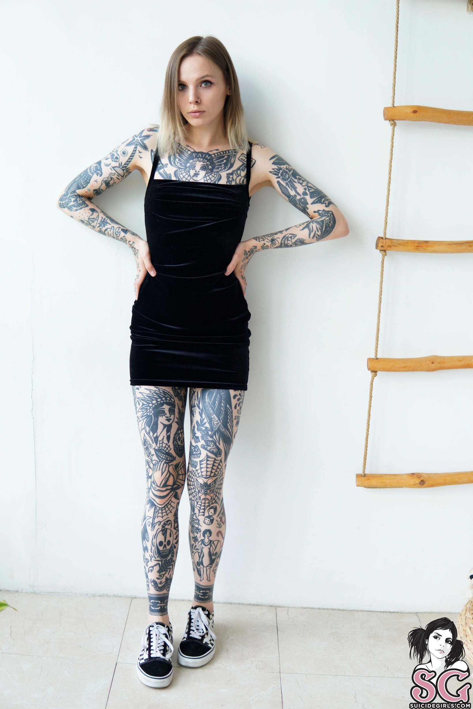 Inked Girls Tattoo Portrait Display Women Model Women Indoors Sneakers Black Dress Bare Shoulders Lo 1640x2460