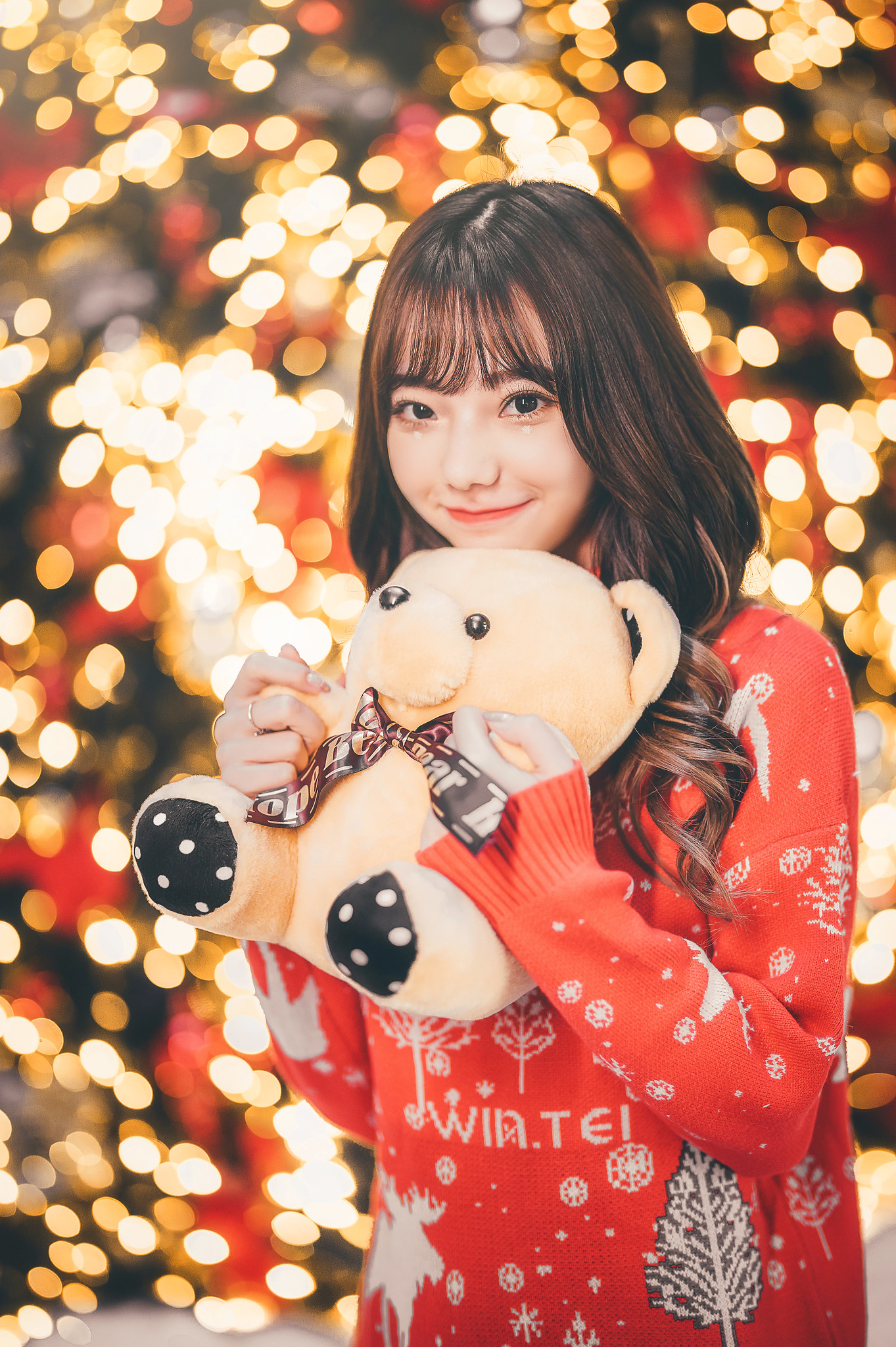 Asian Women Model Plush Toy Teddy Bears Smiling Looking At Viewer Sweater Red Sweater Brunette Dark  1363x2048