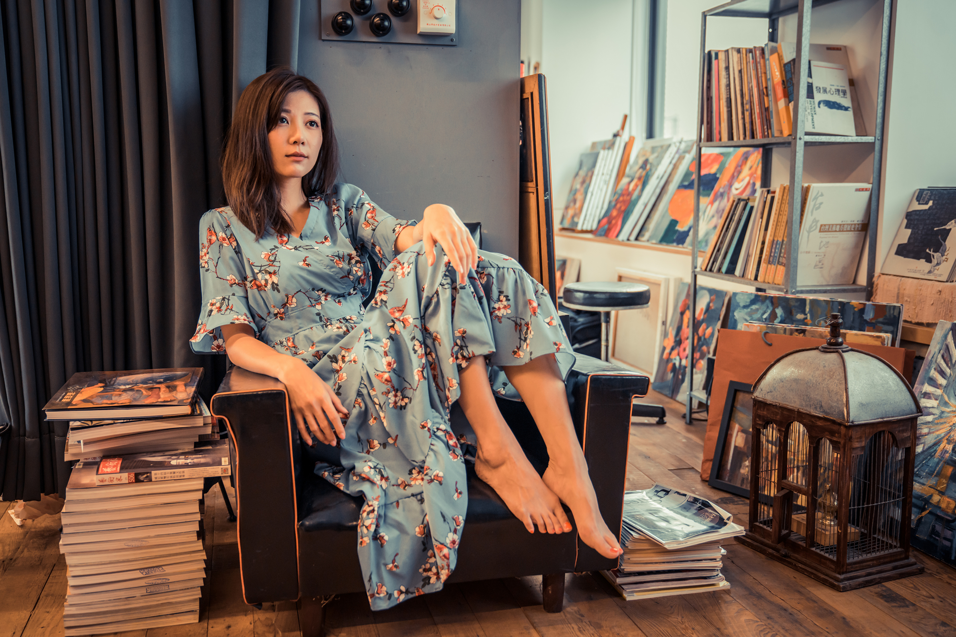 Asian Model Women Long Hair Dark Hair Depth Of Field Sitting Barefoot Flower Dress Chair Books Magaz 3840x2561