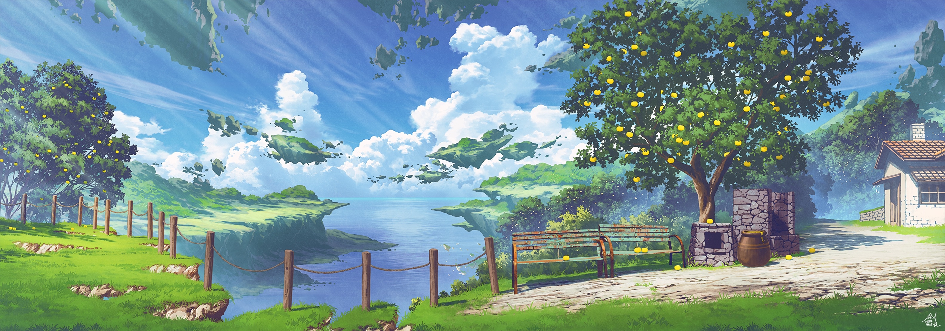 Anime Landscape Nature Sky Clouds Trees Bench 3167x1109