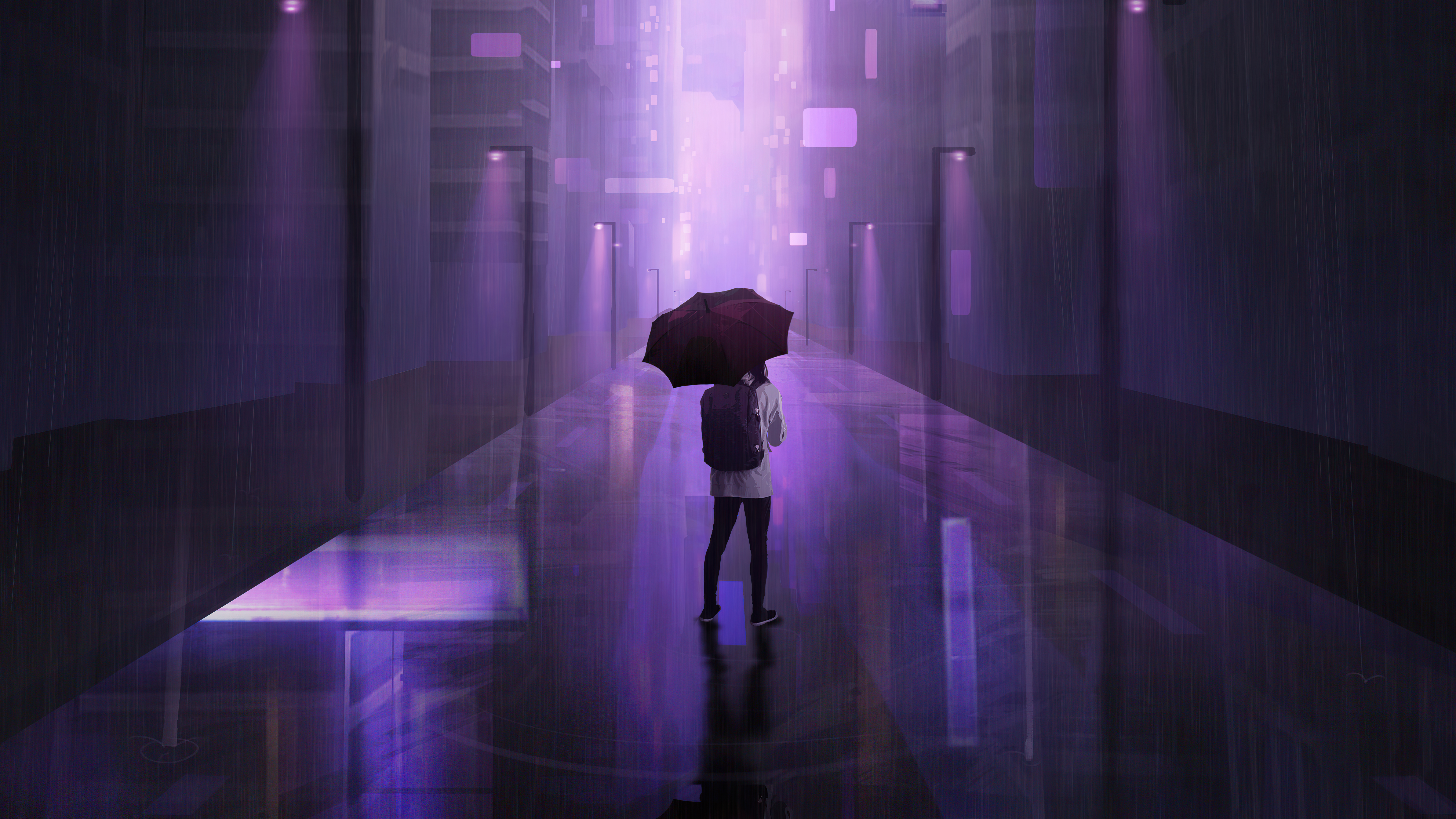 Animated Character Minimalism Artwork Digital Art Digital Rainydays Rain Night Purple Background Fan 7680x4320