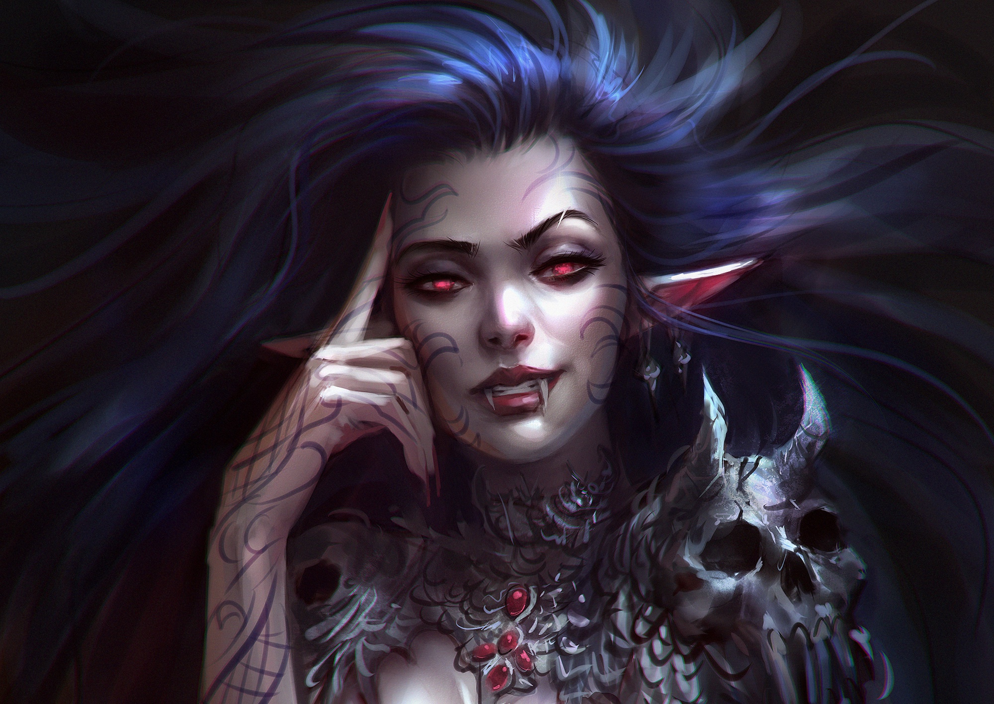 Elves Vampires Women Red Eyes Pointy Ears Tattoo Skull Horns Dark Blue Hair Creature Fantasy Art Fan 2000x1416