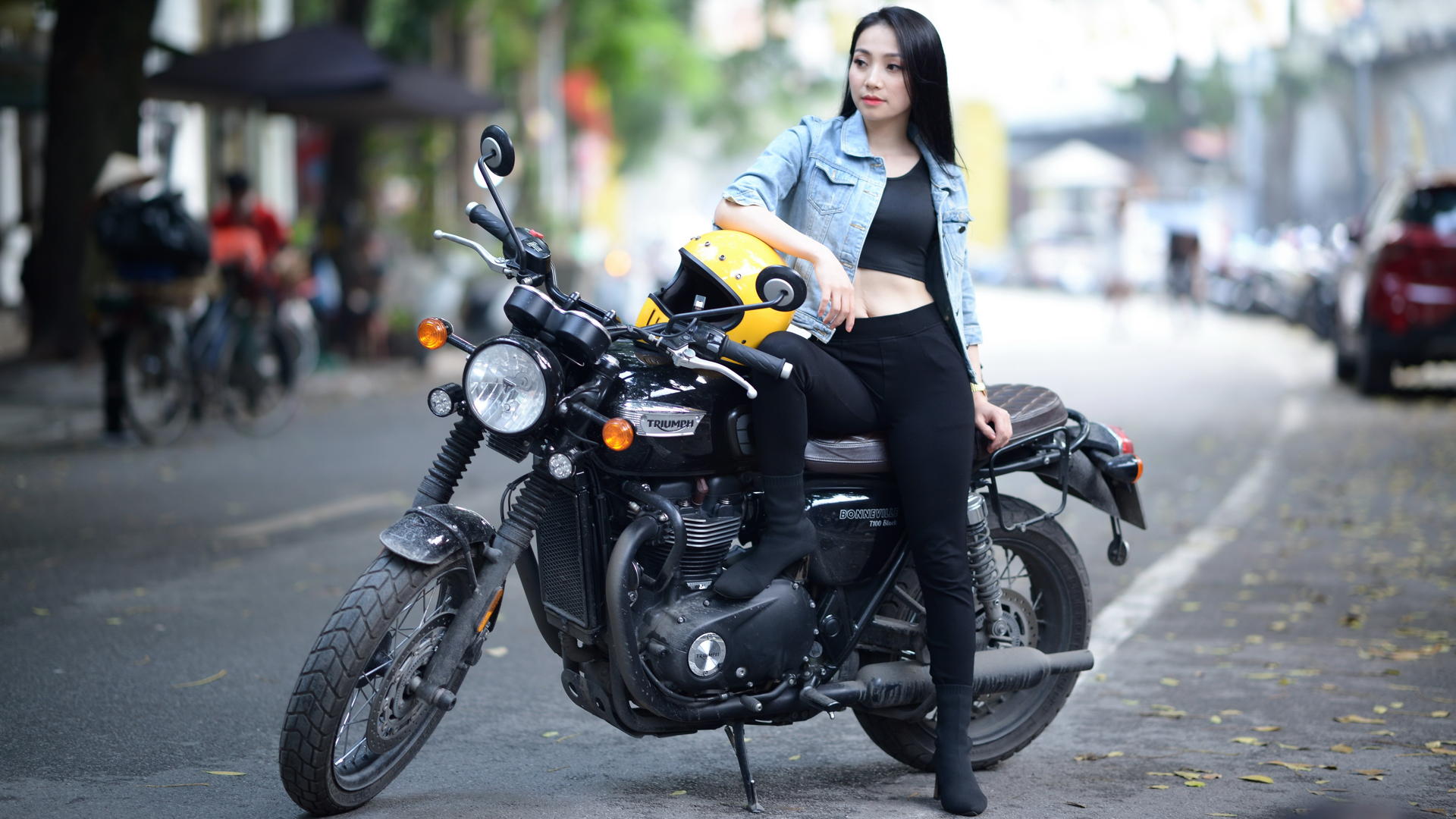 Asian Model Women Long Hair Dark Hair Sitting Biker Girl Bikes Black Top Black Pants Boots Helmet De 1920x1080