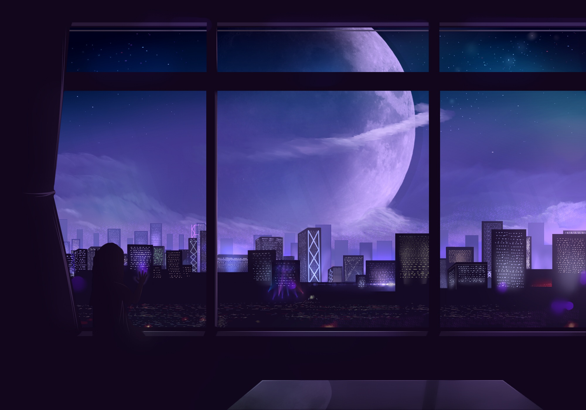 City Night Sci Fi Moon 2000x1400