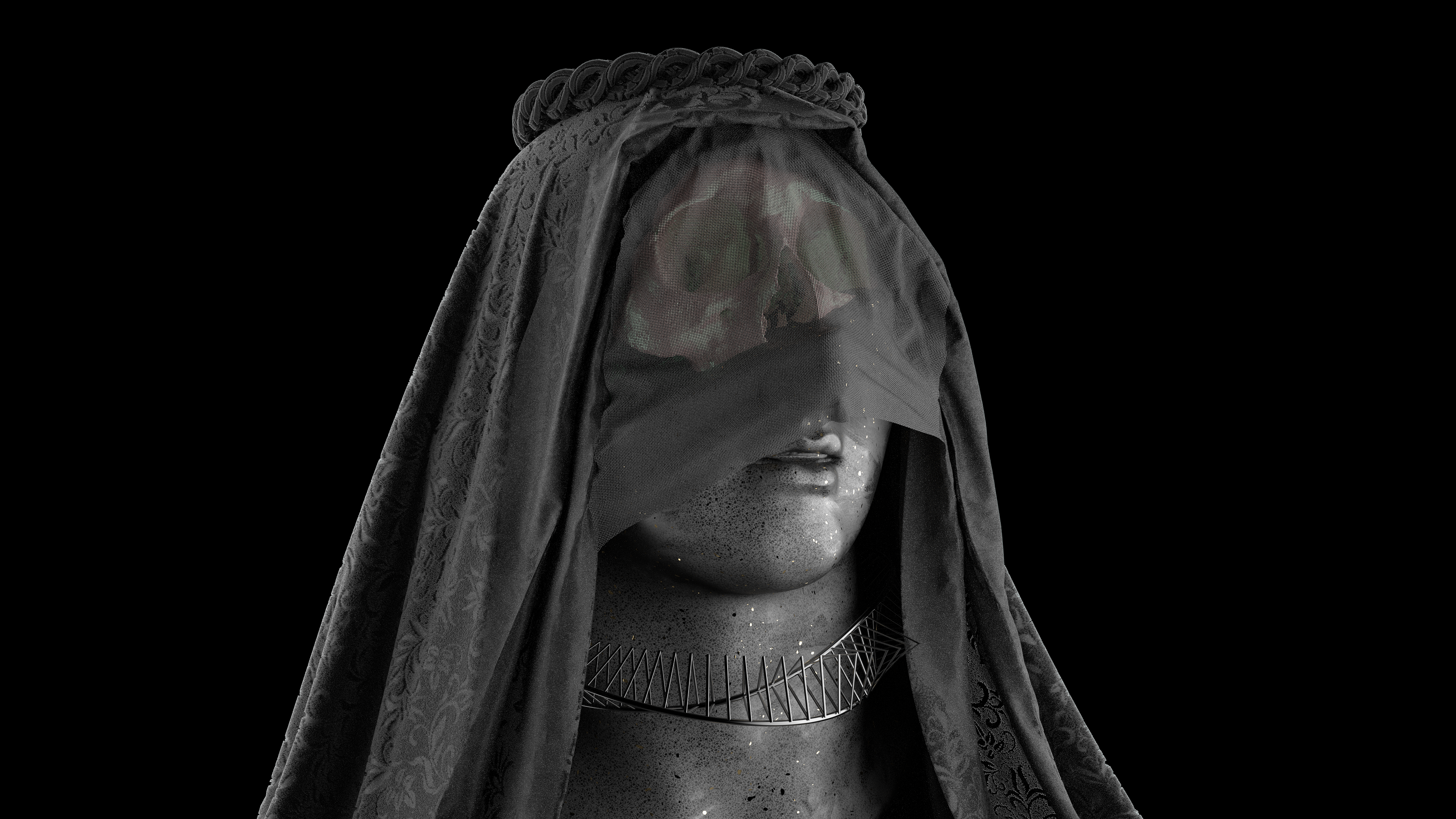 Portrait Statue Skull Veils CGi Digital Art Render Rendering 3840x2160