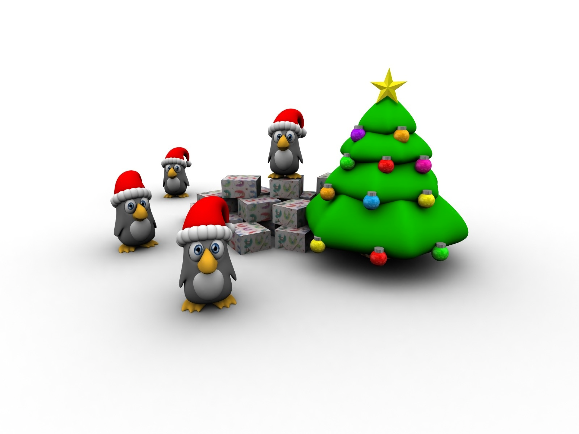 White 3d Penguin Santa Hat Gift Christmas Tree 1920x1440