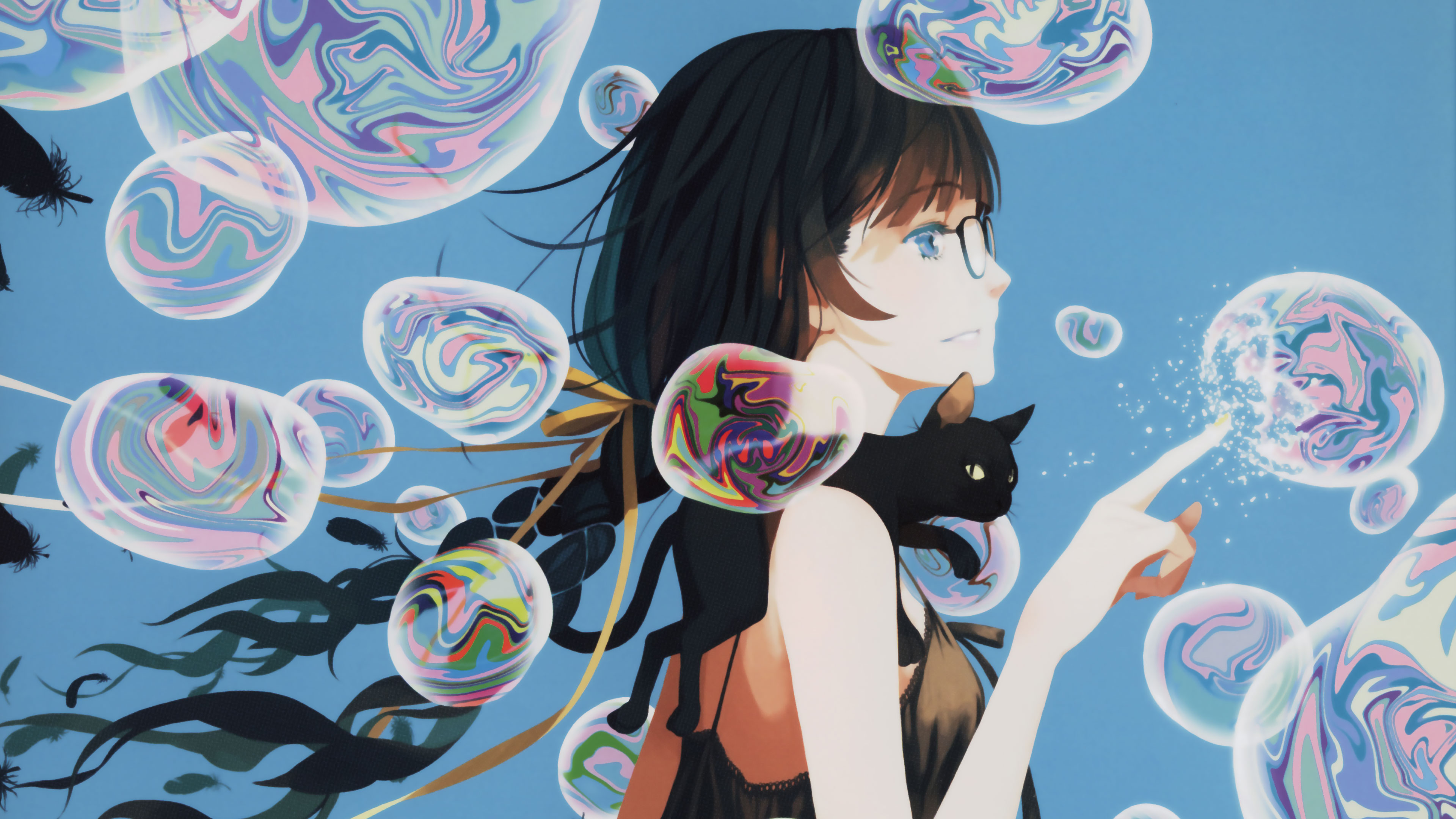 Hanekawa Tsubasa Vofan Monogatari Series Anime Girls Cats Dark Hair Blue Eyes Glasses 3840x2160