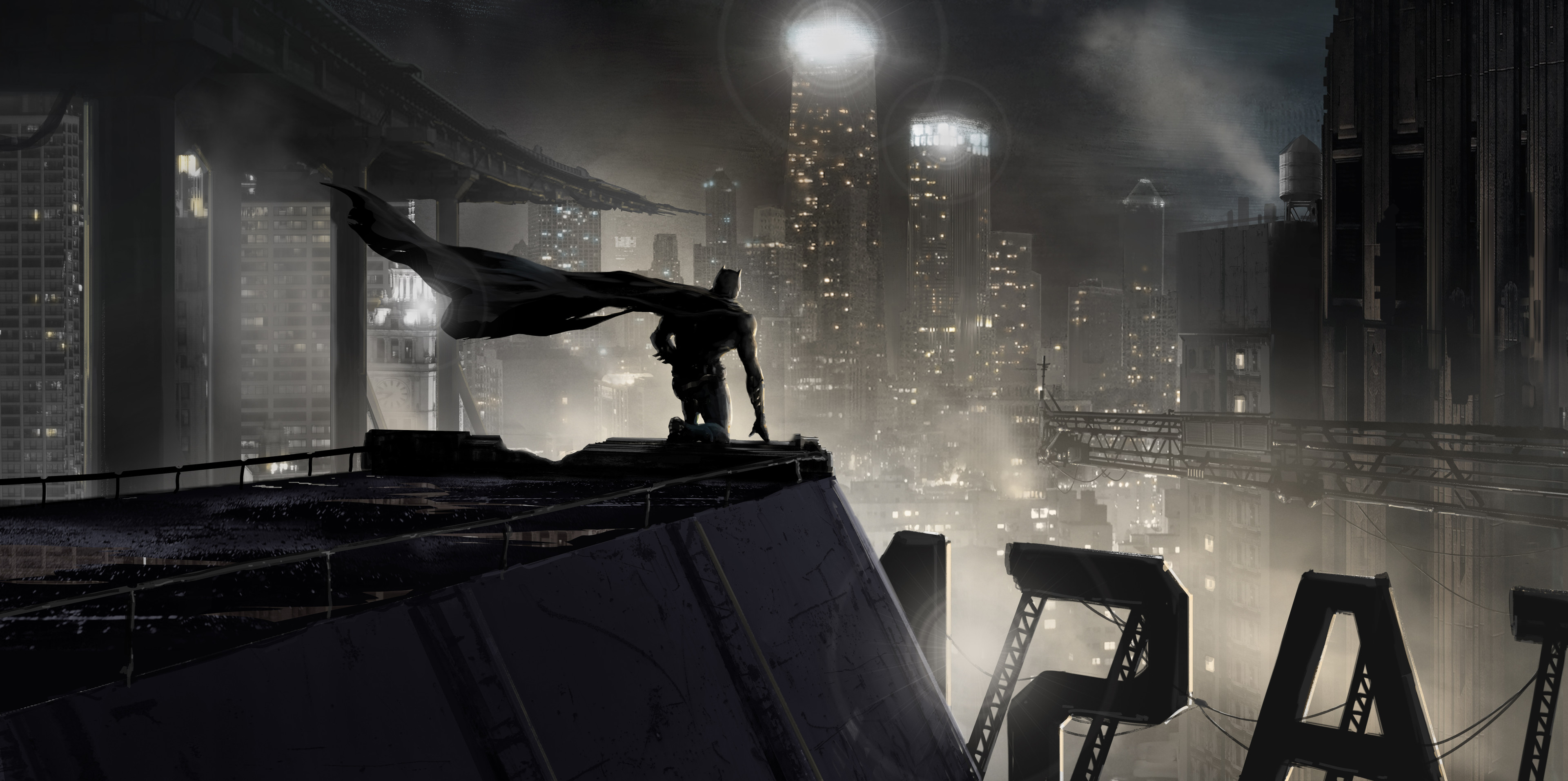 Batman Arkham Comic Art Digital Art Artwork Bruce Wayne City Night Dark Skyscraper Superhero 3840x1912