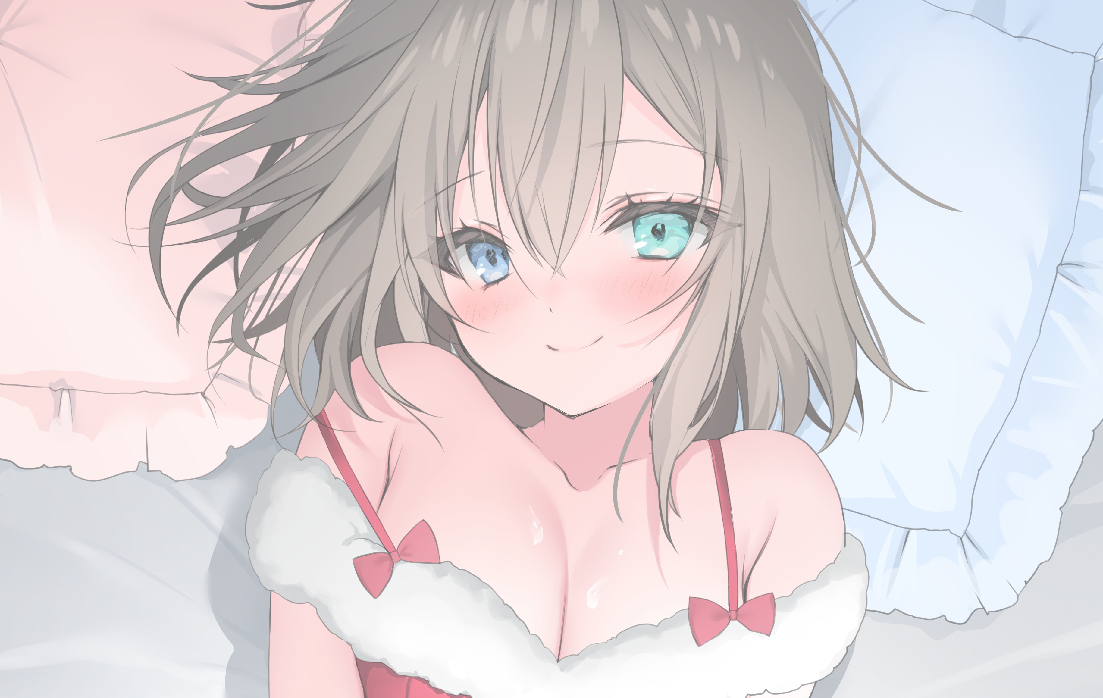 Anime Anime Girls Owl Artist Artwork Gray Hair Heterochromia Smiling Blushing In Bed Christmas Cloth 3661x2317