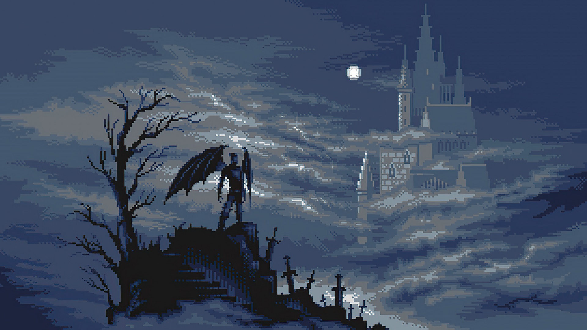 Artwork Pixel Art Castle Night Moon Clouds 1920x1080