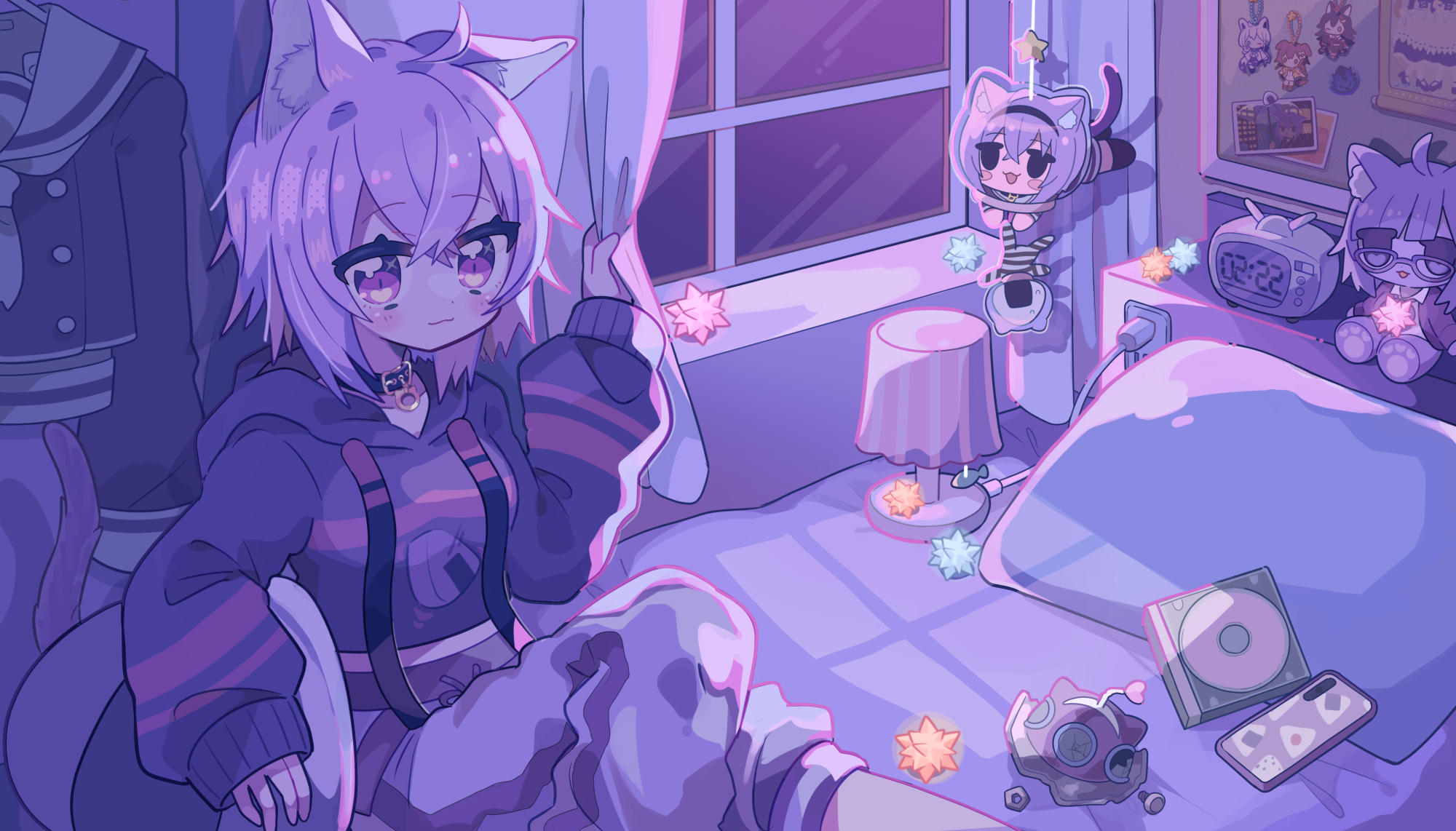 Nekomata Okayu Hololive Virtual Youtuber Purple Hoodie Room Cat Girl Anime Anime Girls Animal Ears 2000x1142
