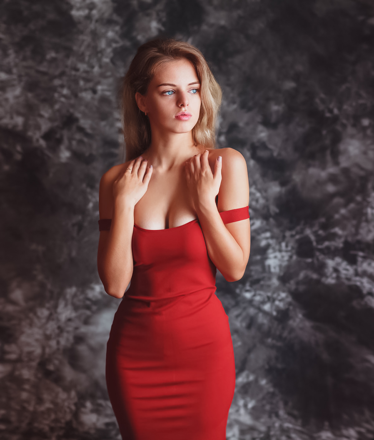 Aleksei Gilev Women Blonde Looking Away Blue Eyes Dress Red Clothing Bare Shoulders Simple Backgroun 1200x1411