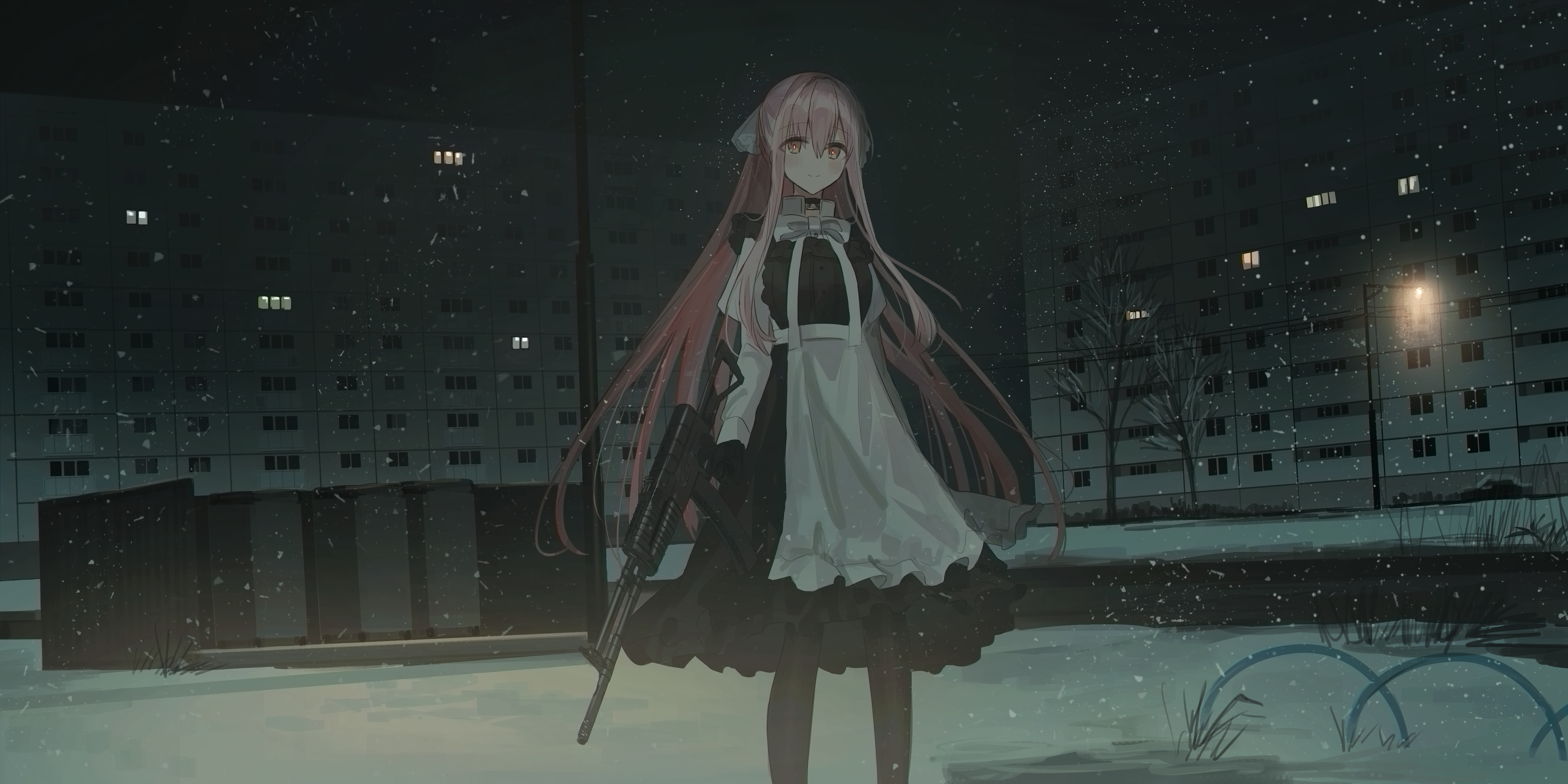 Anime Girls Gun Snow Maid Outfit Long Hair Pink Hair Night Chihuri 45 3500x1750