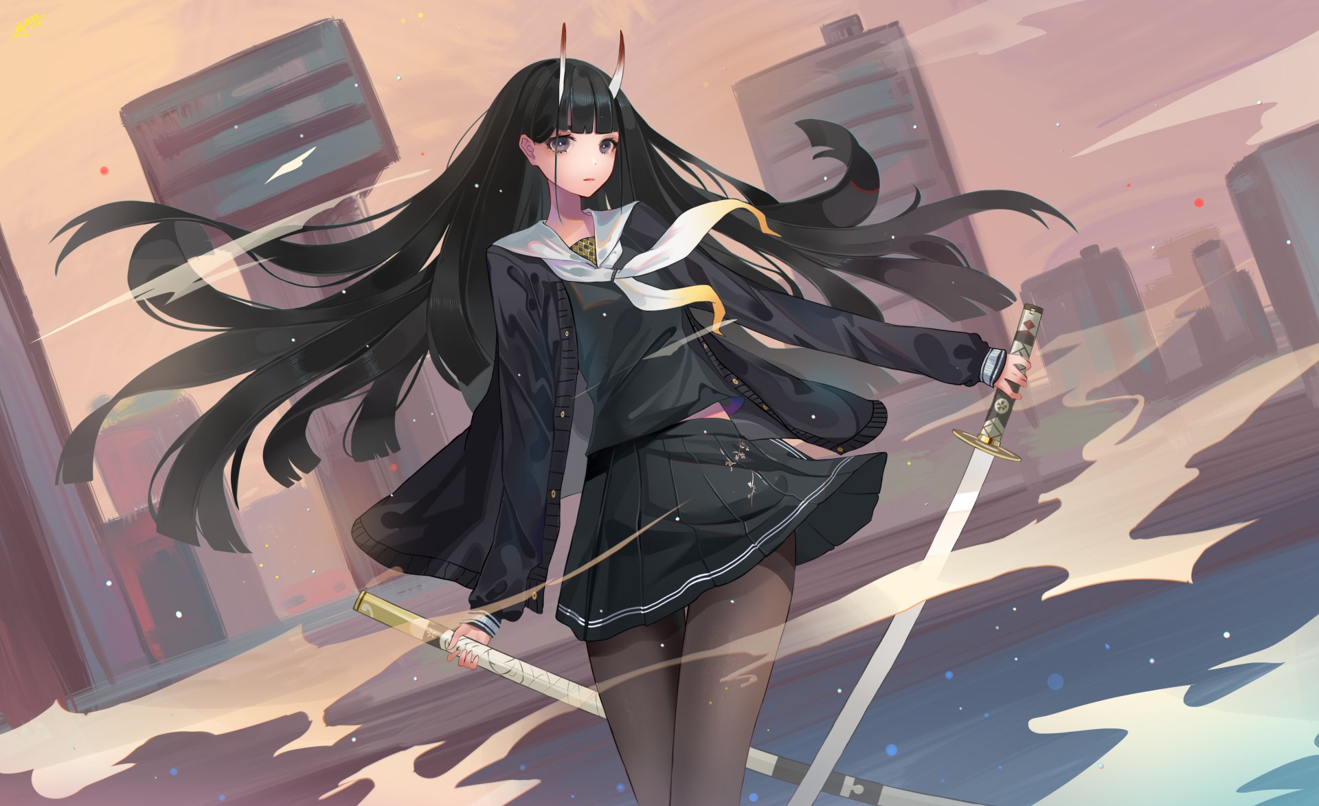 Azur Lane Anime Girls Anime Sword Weapon Women With Swords Black Hair Long Hair Skirt Horns Noshiro  1920x1173