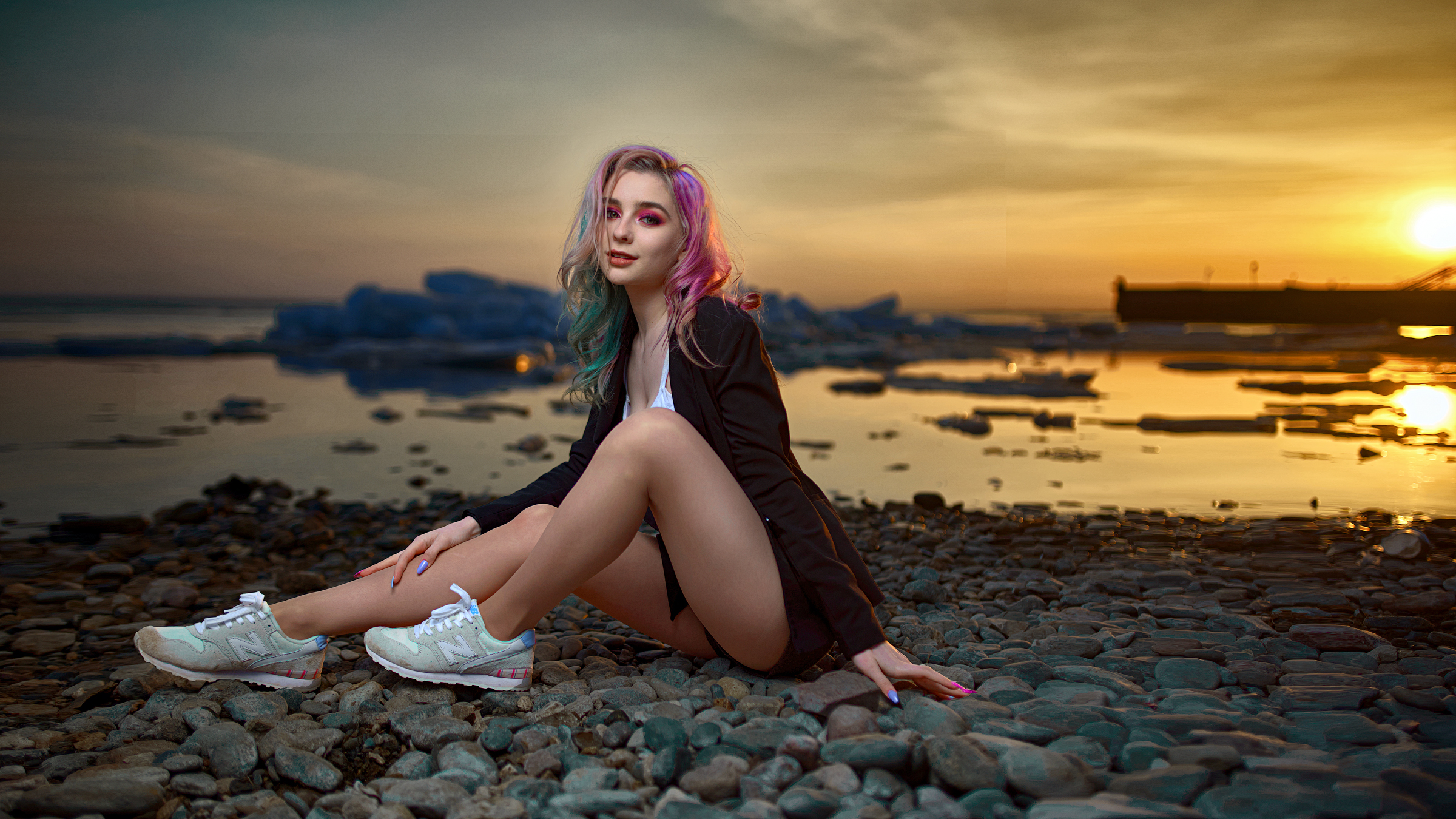 Vyacheslav Tsurkan Women Dyed Hair Colorful Pink Jacket Shorts Legs Sneakers Stones Sky Horizon Blue 2400x1350