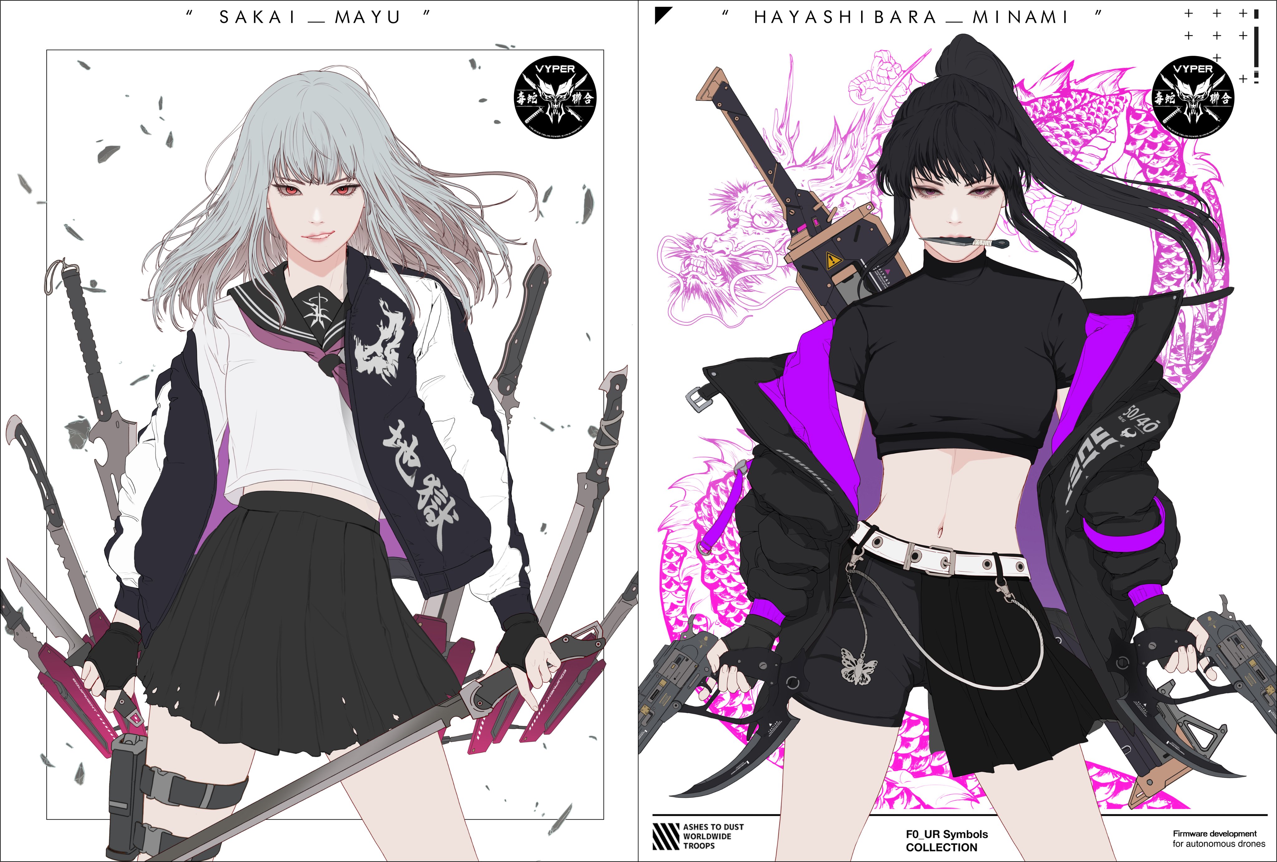 Gharliera Anime Girls Anime Sword White Hair Black Hair Red Eyes Dragon Women With Swords 4096x2766