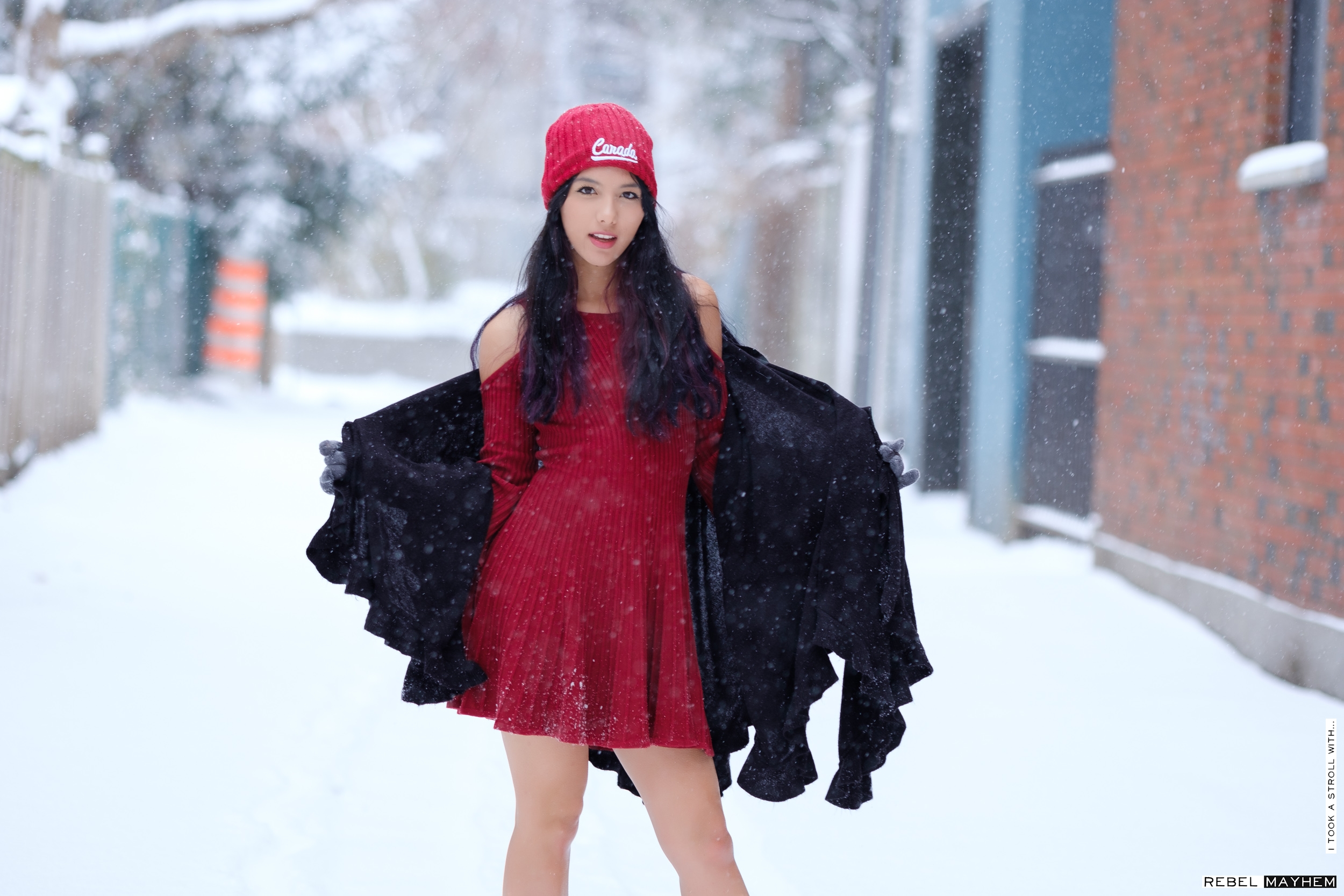 Long Hair Black Hair Women Women Outdoors Outdoors Snow Dress Red Dress Standing Asian 2500x1667