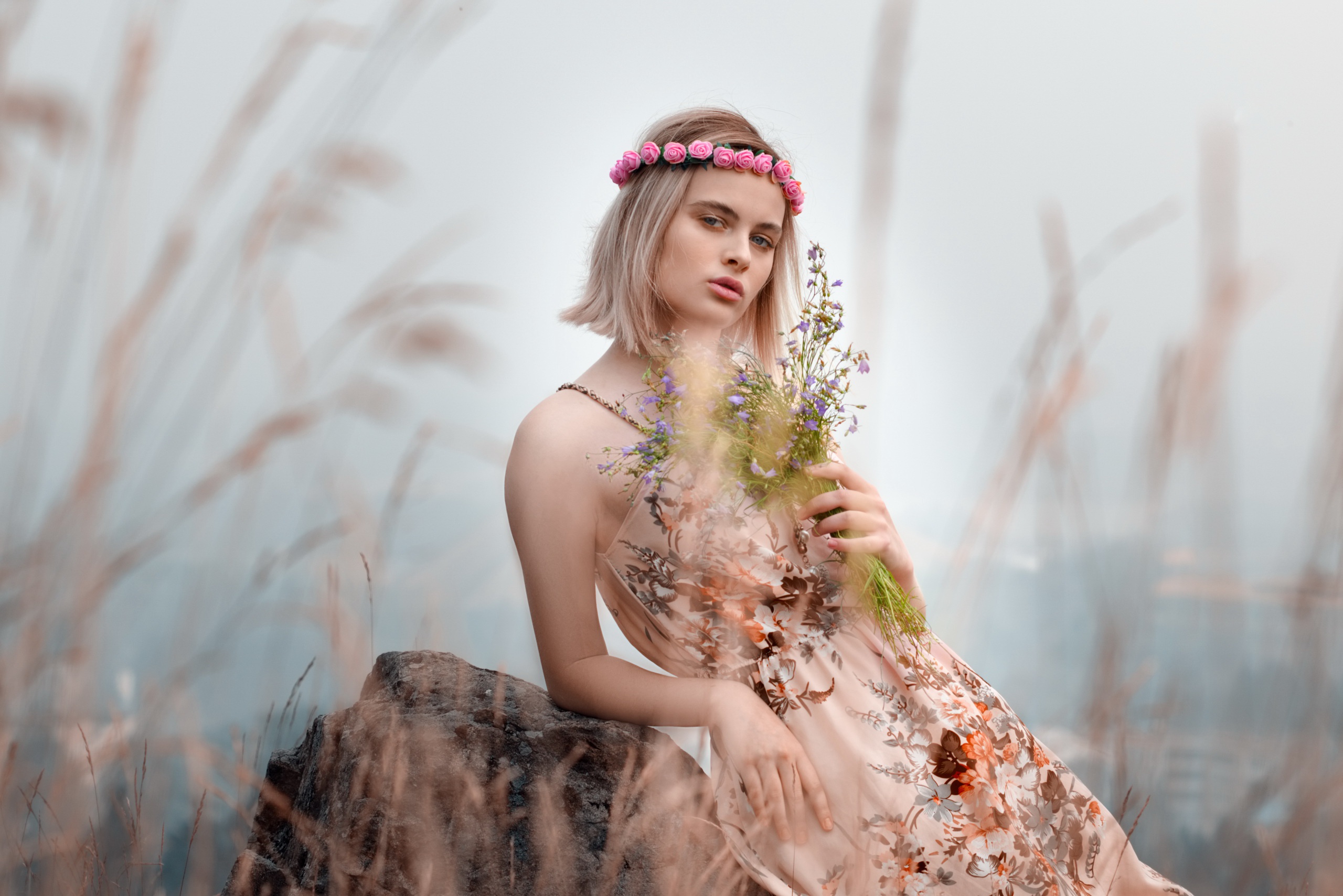 Women Model Plants Women Outdoors Dress Blonde Looking At Viewer Flower Crown Summer Dress 2560x1709