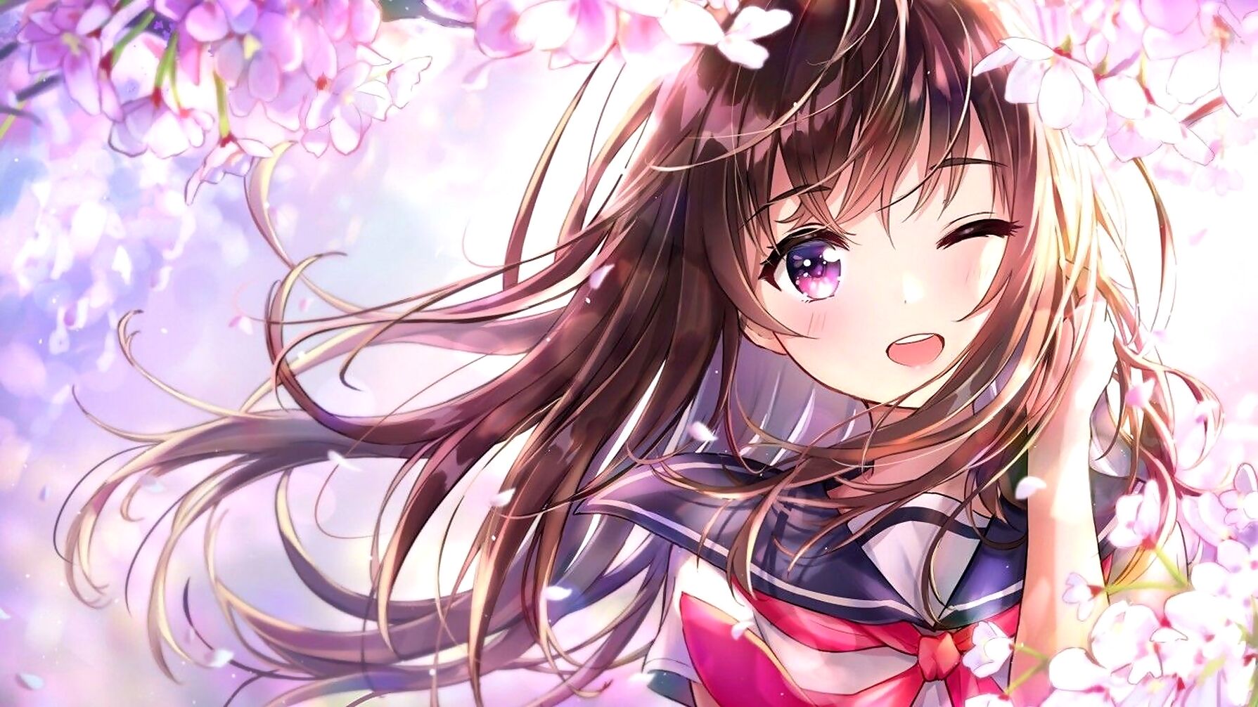 Brunette School Uniform Cherry Blossom Purple Eyes Ribbon Long Hair Winking Smiling Anime Girls Hapo 1789x1006