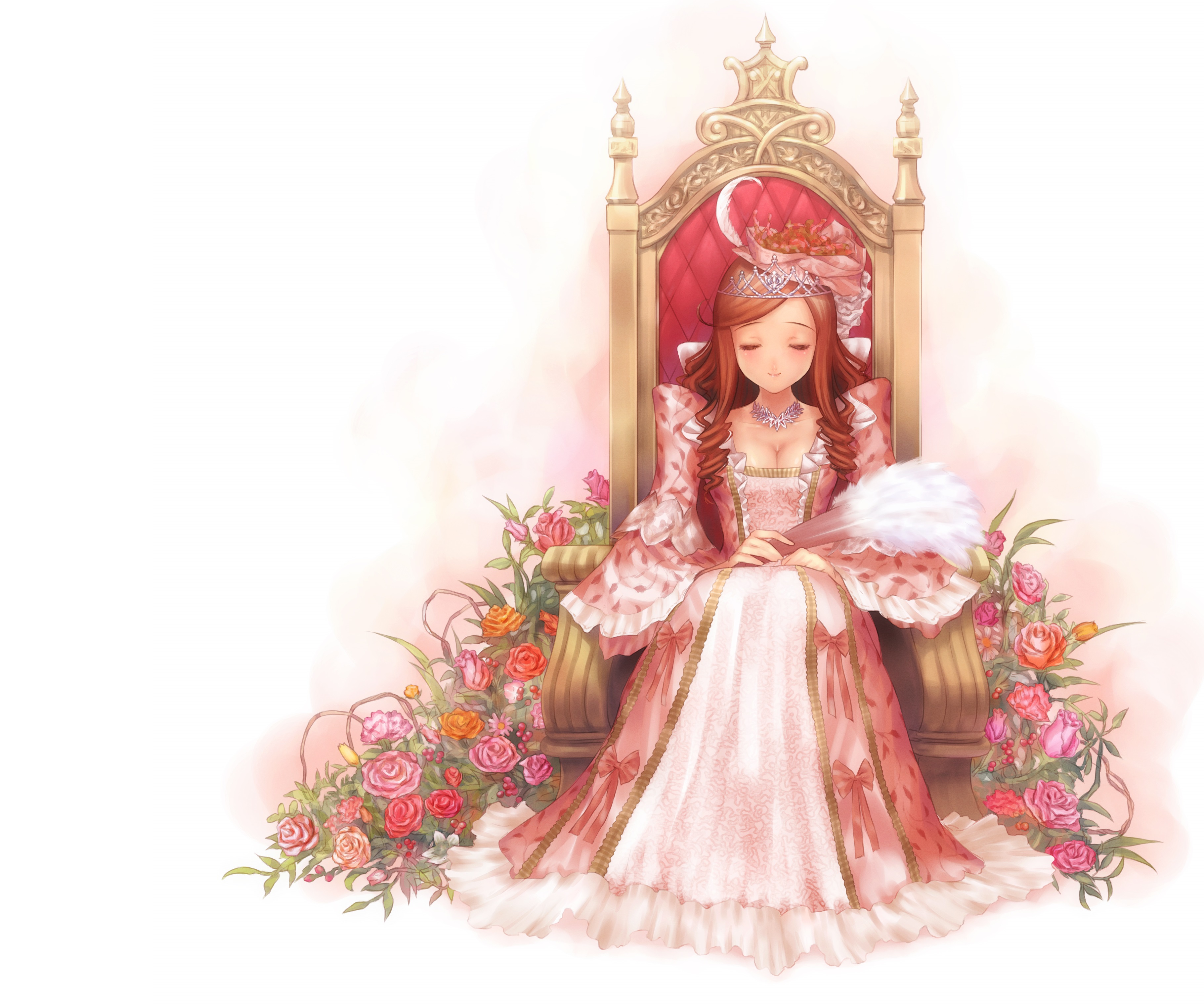 Dress Flower Smile Long Hair Brown Hair Tiara Fan Headdress Throne 3640x3040