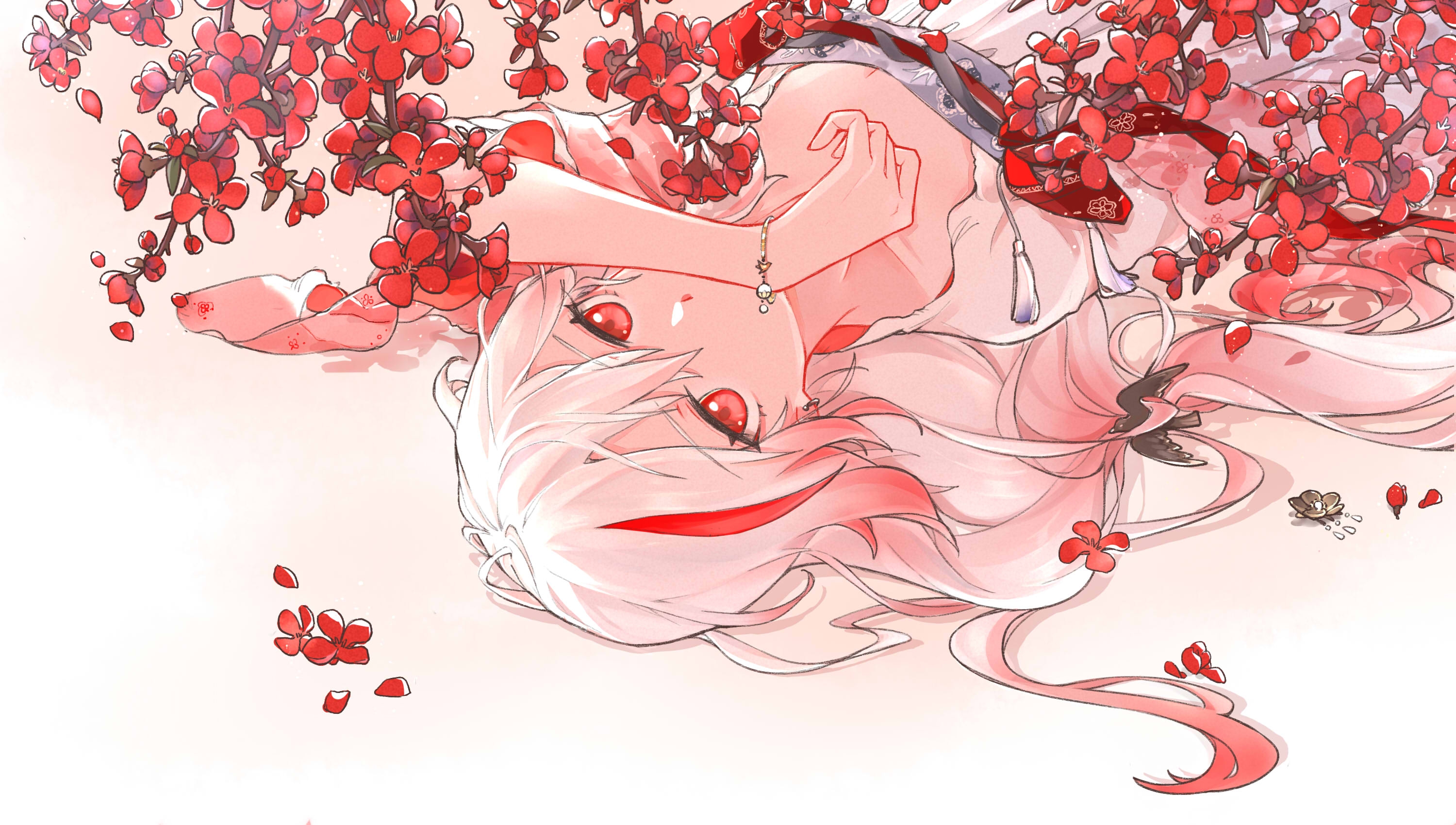 Anime Anime Girls Flowers Necklace Earrings Red Eyes Blonde Multicolored Hair Petals Sakura Tree Loo 3000x1700