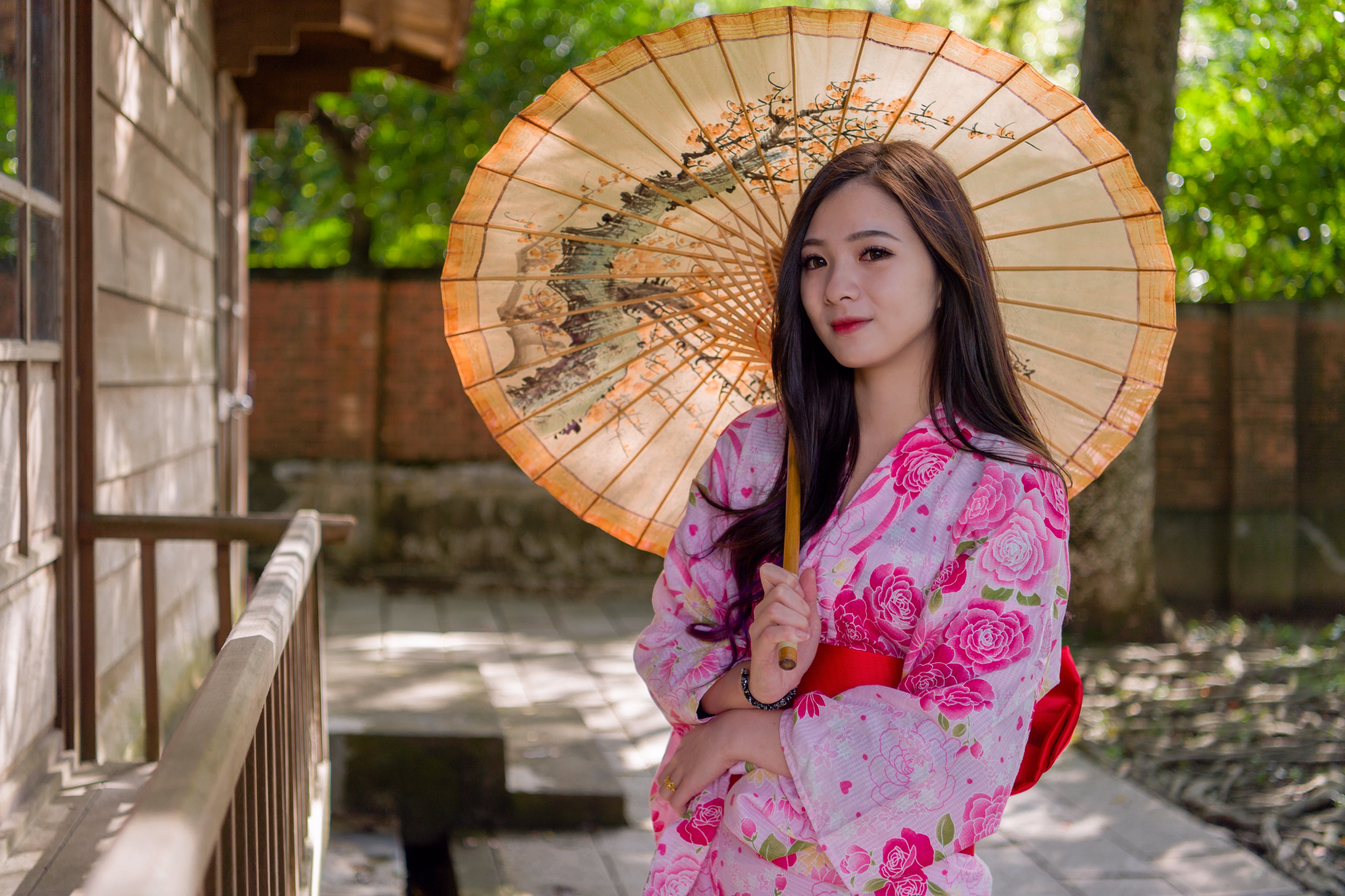 Umbrella Kimono Woman Model Brunette 3840x2560
