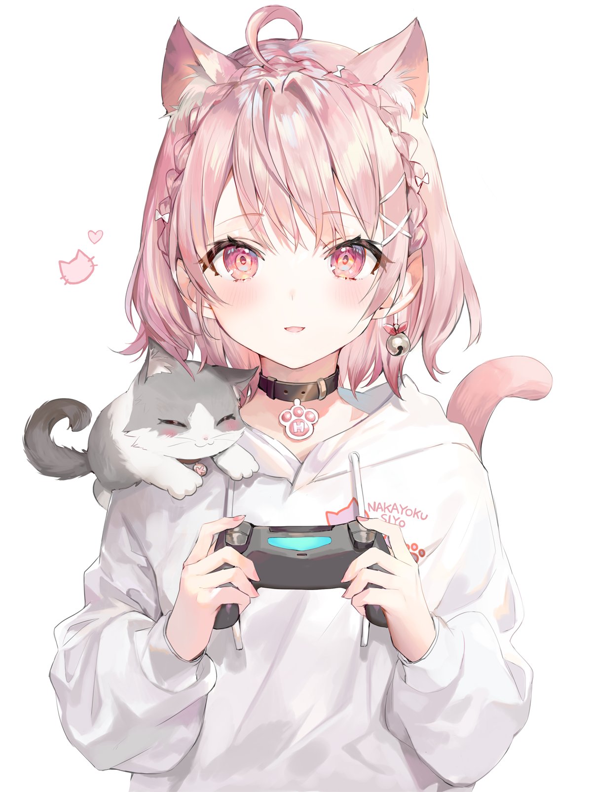 Cat Girl Cats Controllers Anime Anime Girls Artwork Momoko Short Hair Pink Hair Pink Eyes 1200x1605
