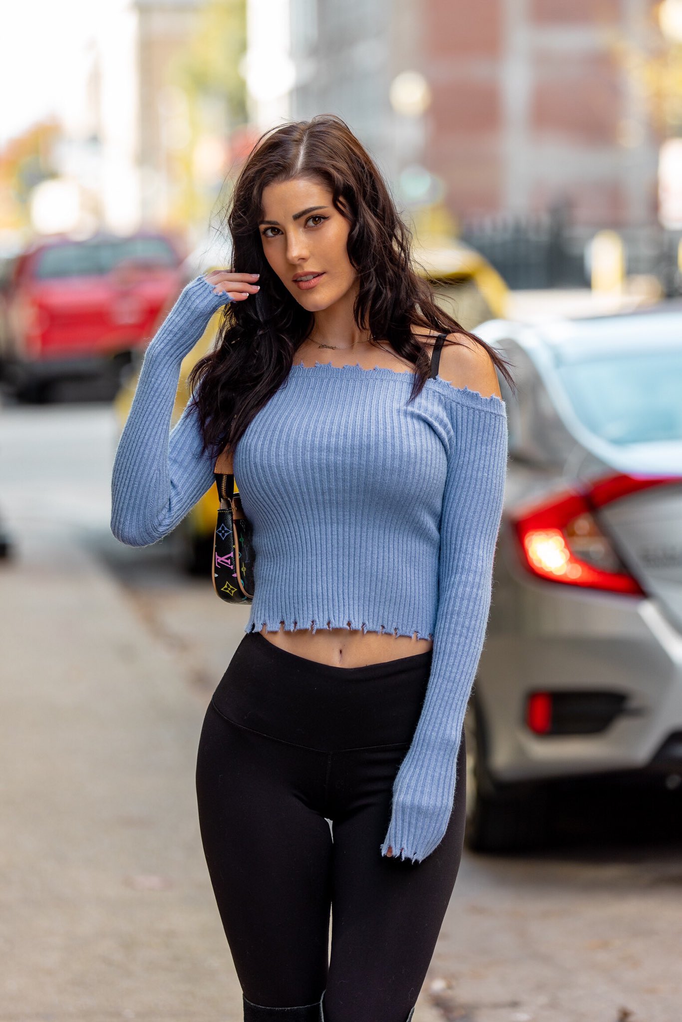 Erin Olash Women Model Brunette Women Outdoors Sweater Street Car Public Handbags Louis Vuitton Blue 1366x2048