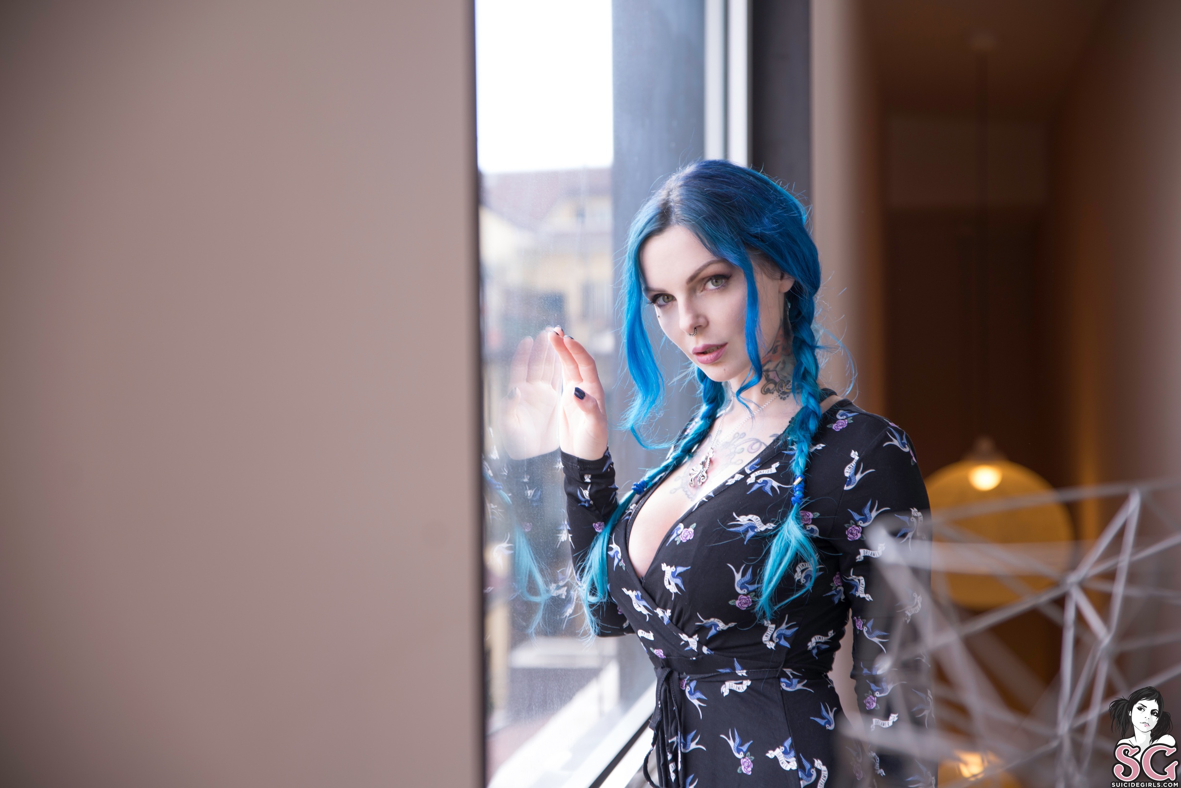 Blue Hair Looking At Viewer Necklace By The Window Open Mouth Depth Of Field Photography Tattoo Wome 2432x1623