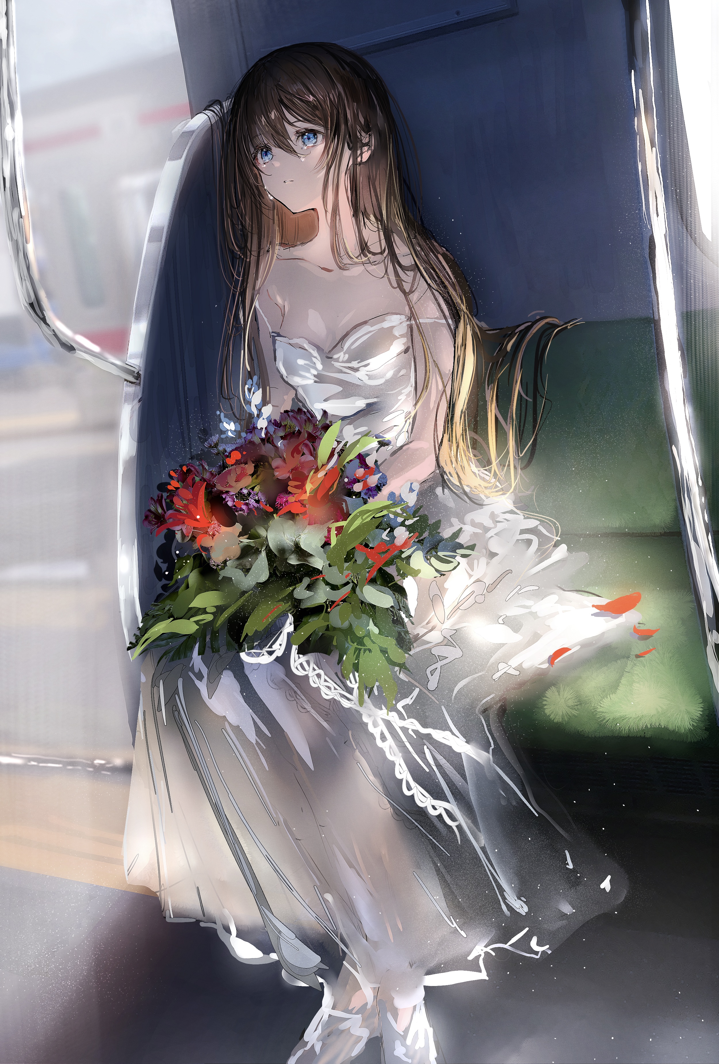 Anime Anime Girls Gigzagu123 Artwork Brunette Long Hair Blue Eyes Tears Bare Shoulders Wedding Dress 2500x3696
