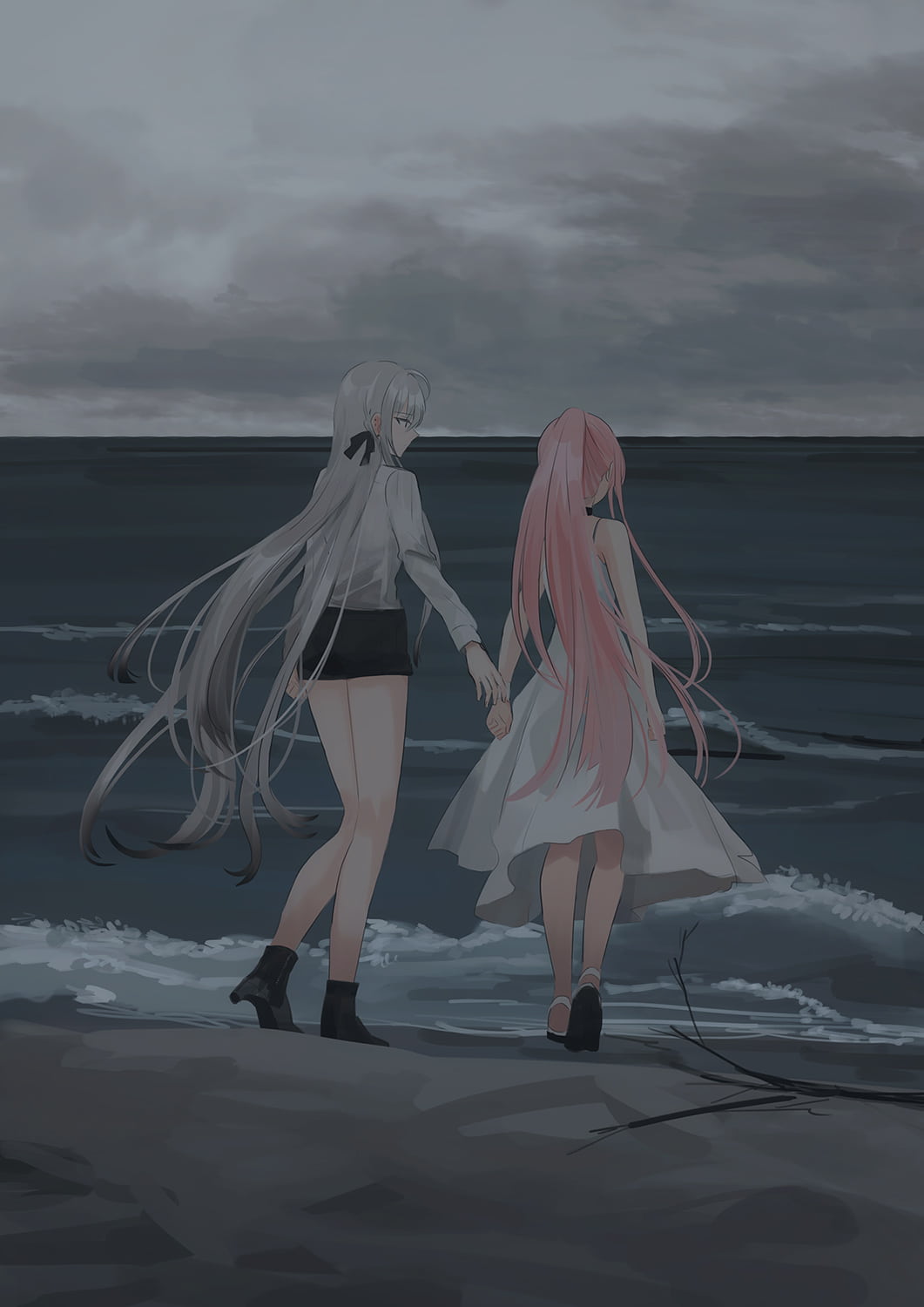 Anime Anime Girls Gray Hair Pink Hair Long Hair Ponytail Beach Sand Water 1061x1500