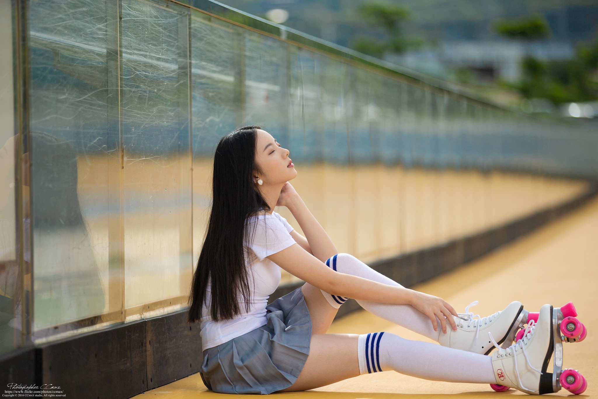 Asian Model Women Long Hair Dark Hair Depth Of Field Sitting Roller Skates Knee Highs Grey Skirt Whi 2048x1365