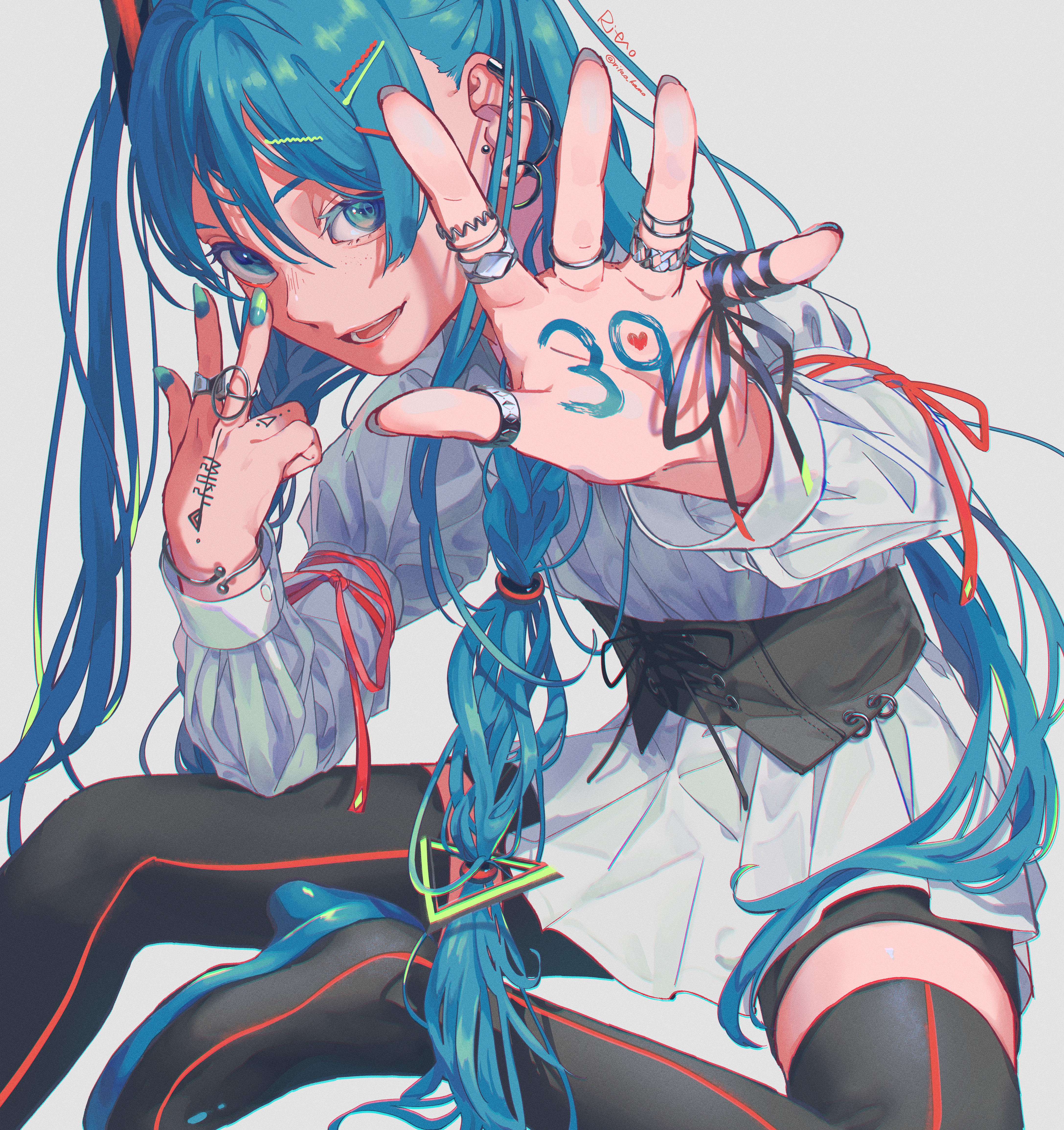 Hatsune Miku Vocaloid Blue Eyes Blue Hair Body Paint Jewelry Smile Looking At Viewer Thigh Highs Twi 4350x4621